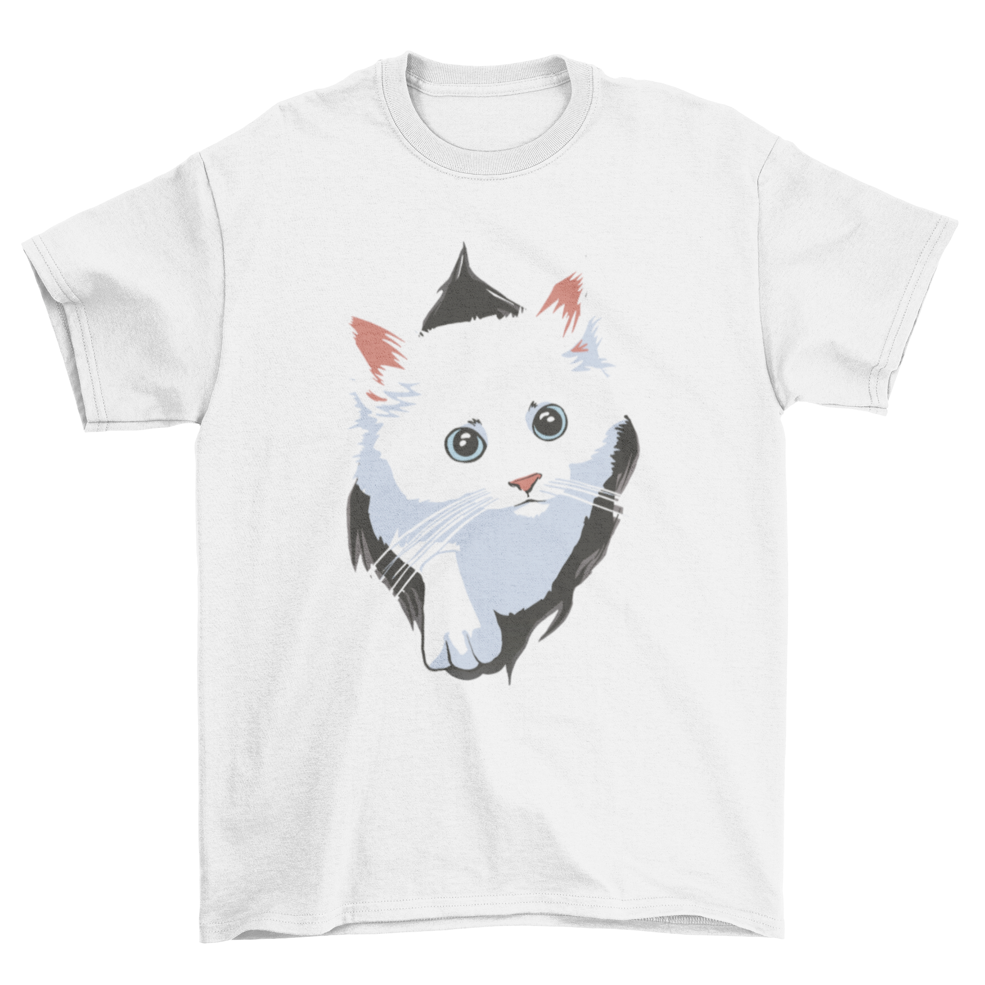 A cute white cat peeking out from a hole on a t-shirt, showcasing a playful design.