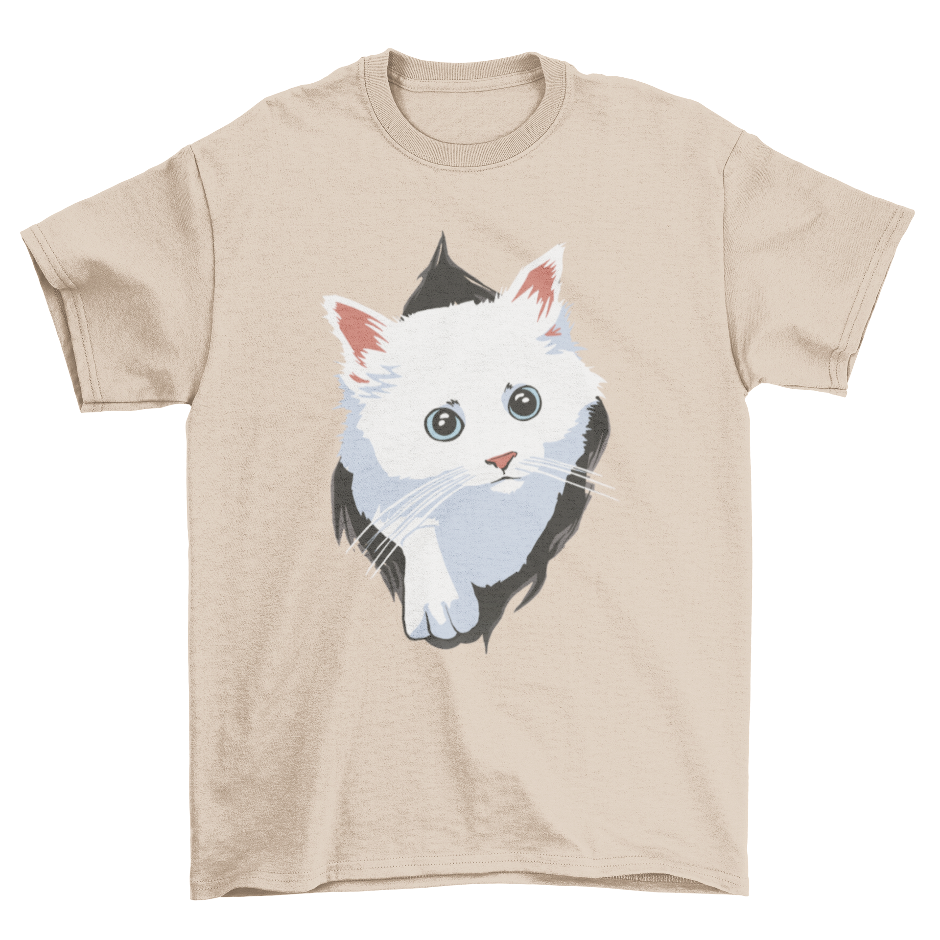 A cute white cat peeking out from a hole on a t-shirt, showcasing a playful design.