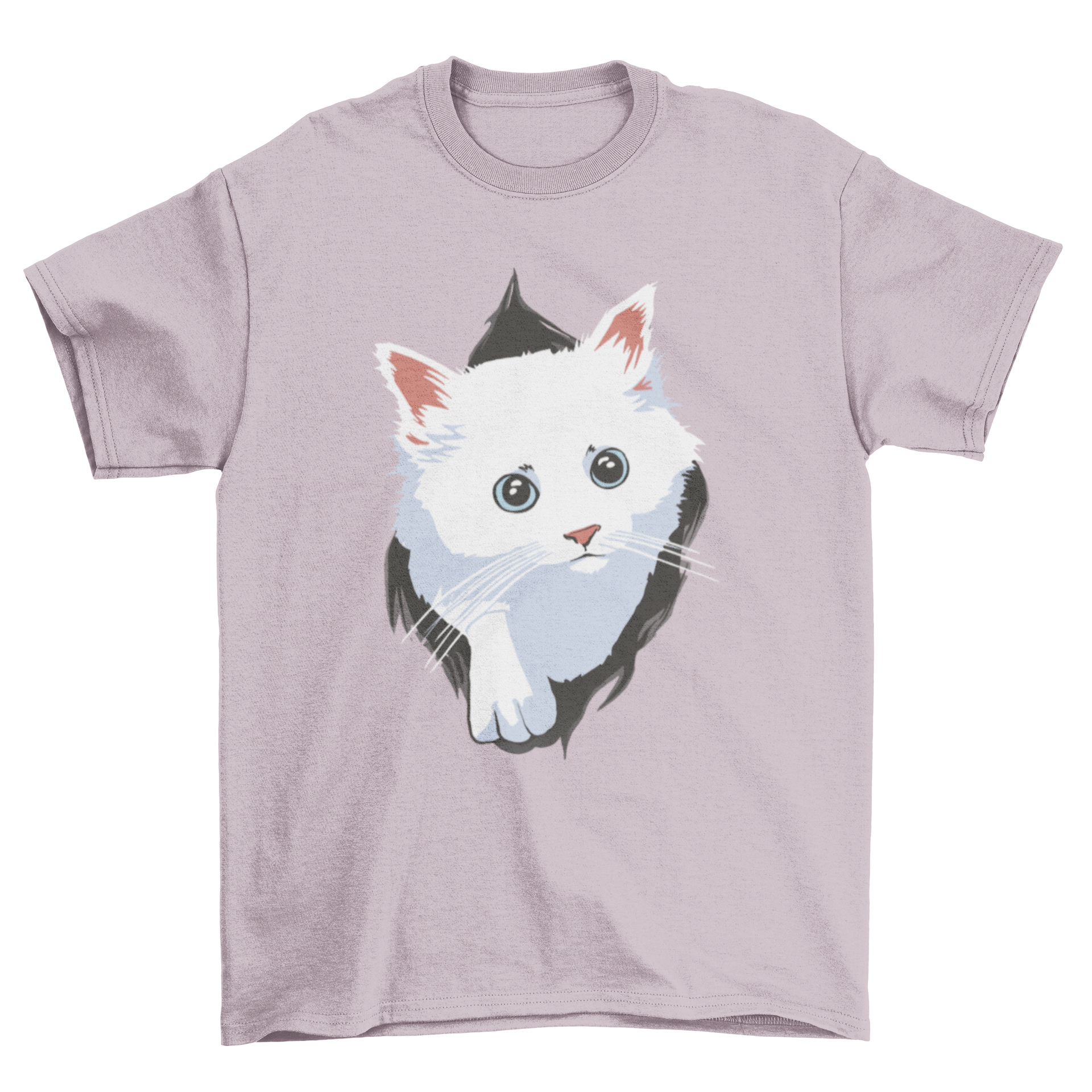 A cute white cat peeking out from a hole on a t-shirt, showcasing a playful design.