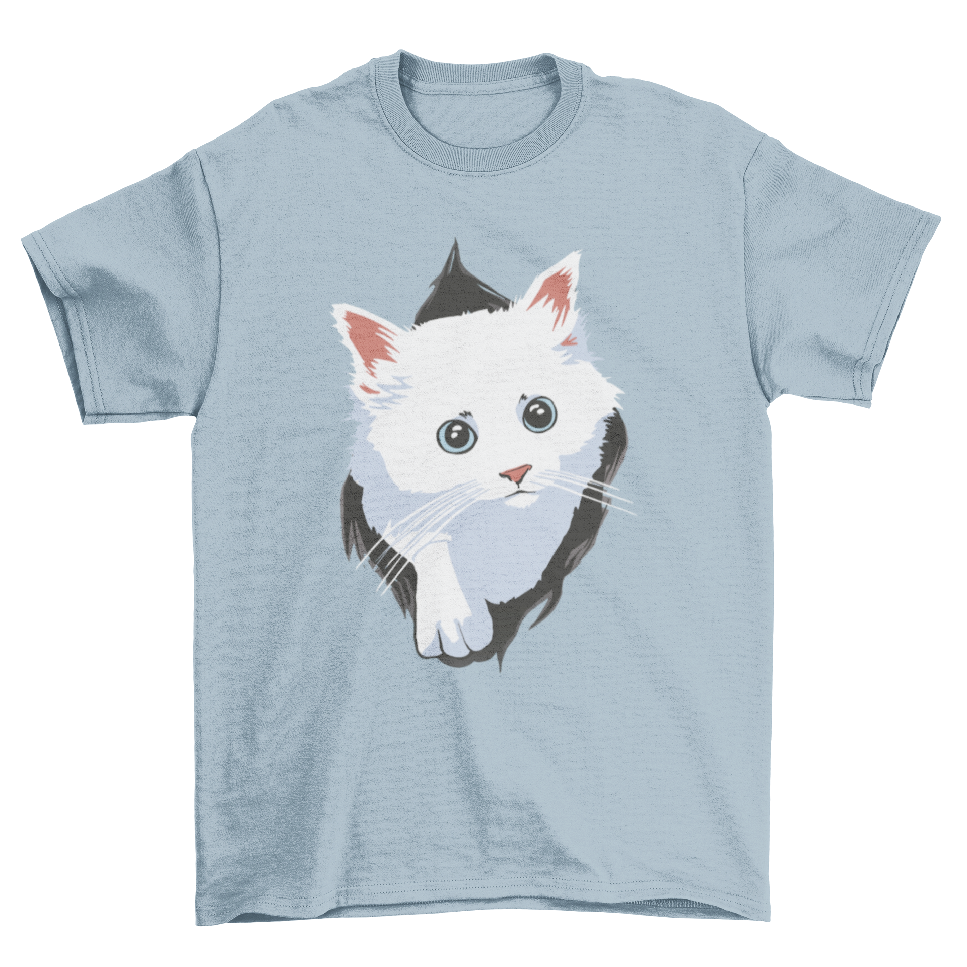 A cute white cat peeking out from a hole on a t-shirt, showcasing a playful design.