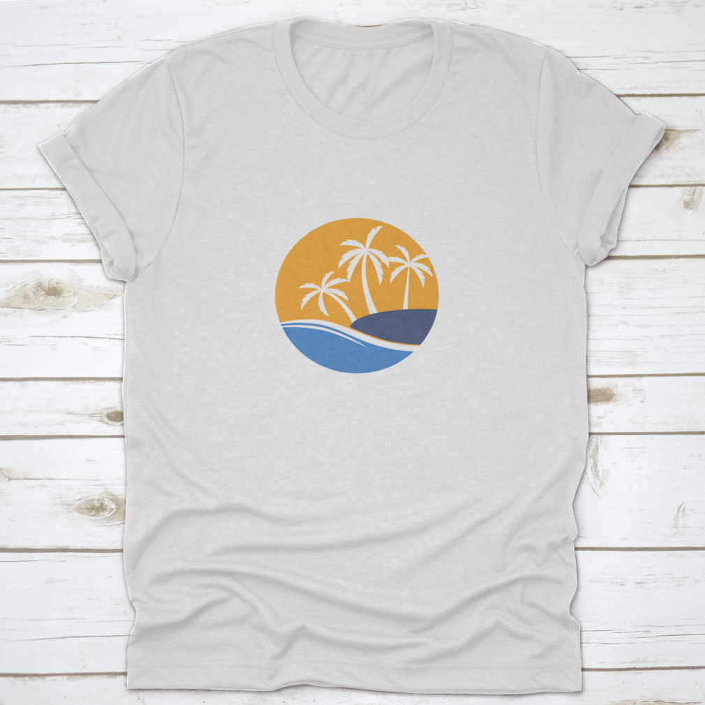 A stylish white t-shirt featuring a coconut tree and ocean wave design, perfect for casual wear.