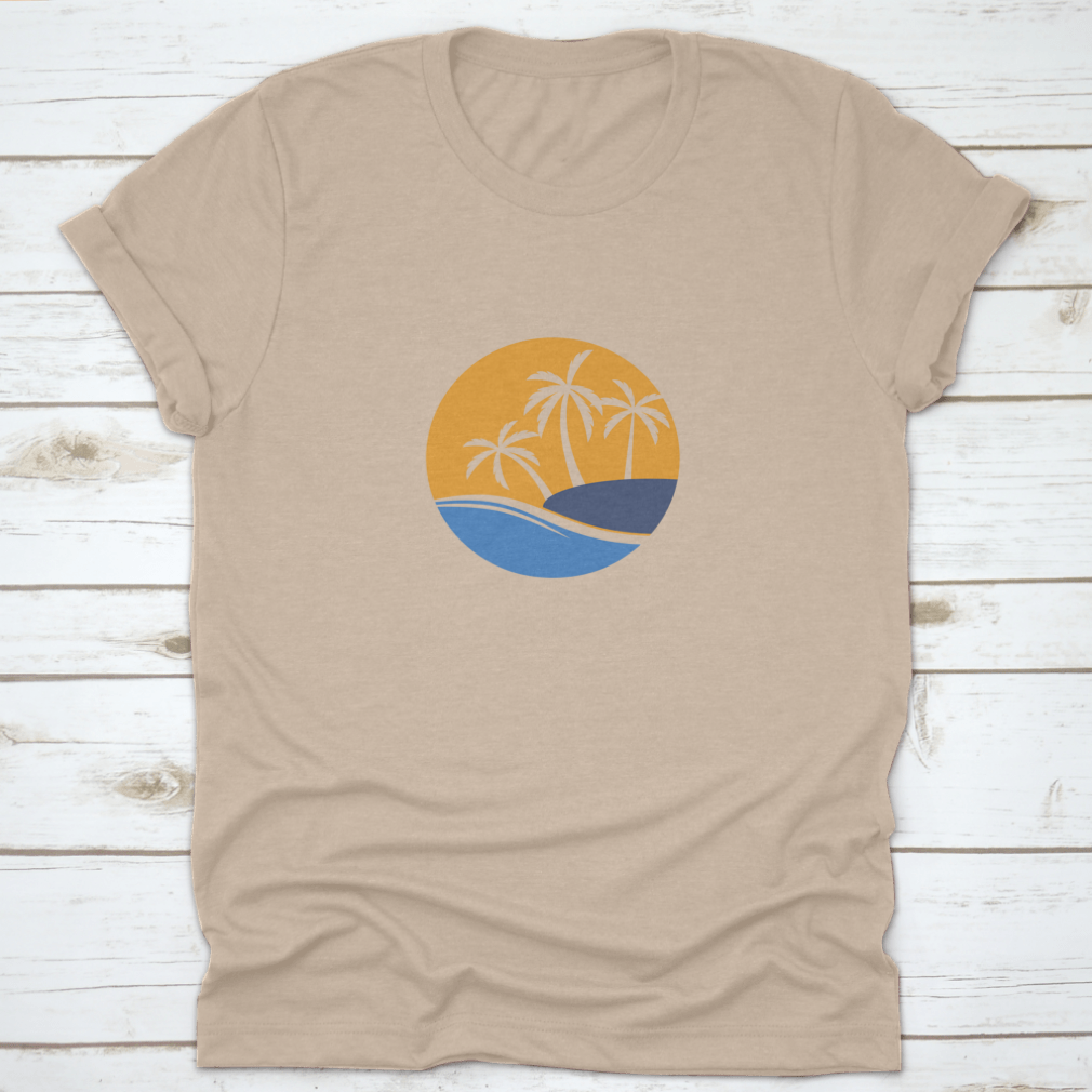 A stylish white t-shirt featuring a coconut tree and ocean wave design, perfect for casual wear.