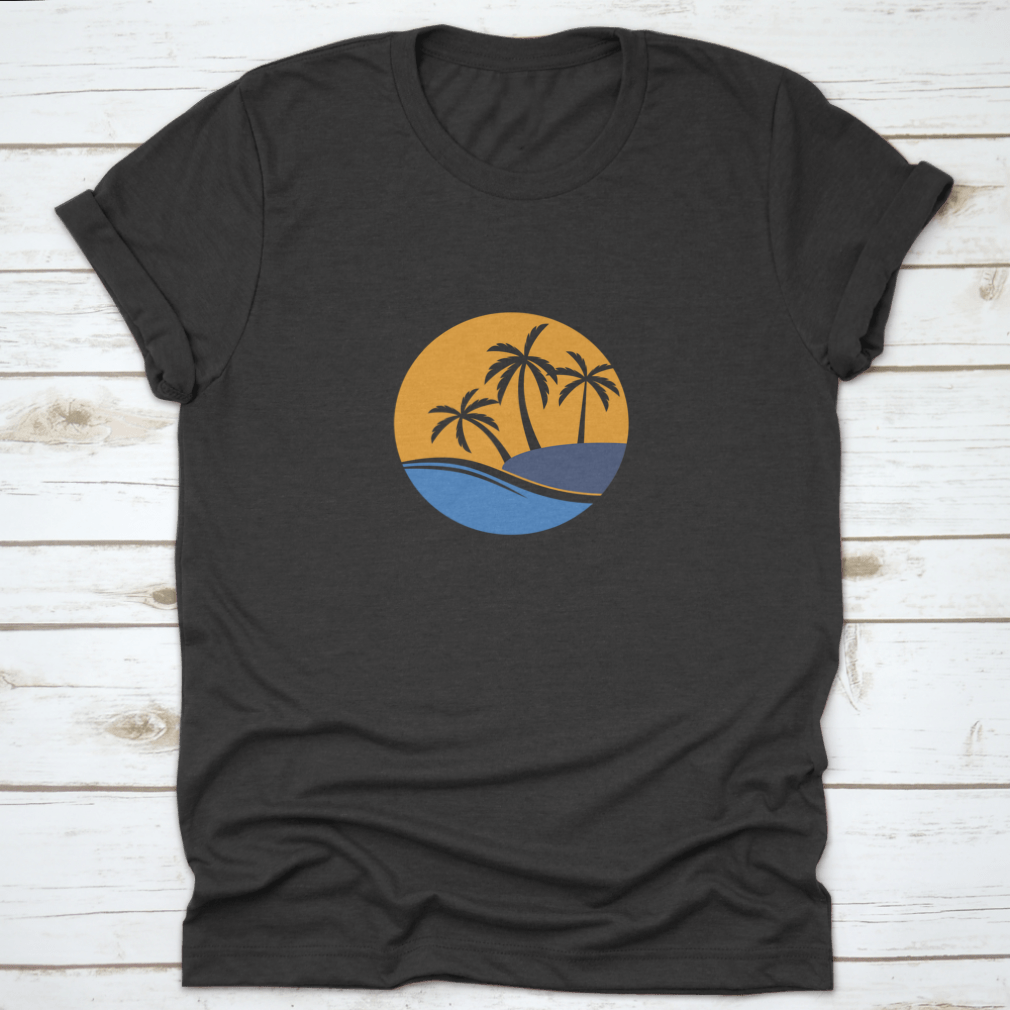 A stylish white t-shirt featuring a coconut tree and ocean wave design, perfect for casual wear.