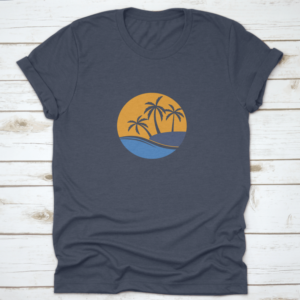 A stylish white t-shirt featuring a coconut tree and ocean wave design, perfect for casual wear.