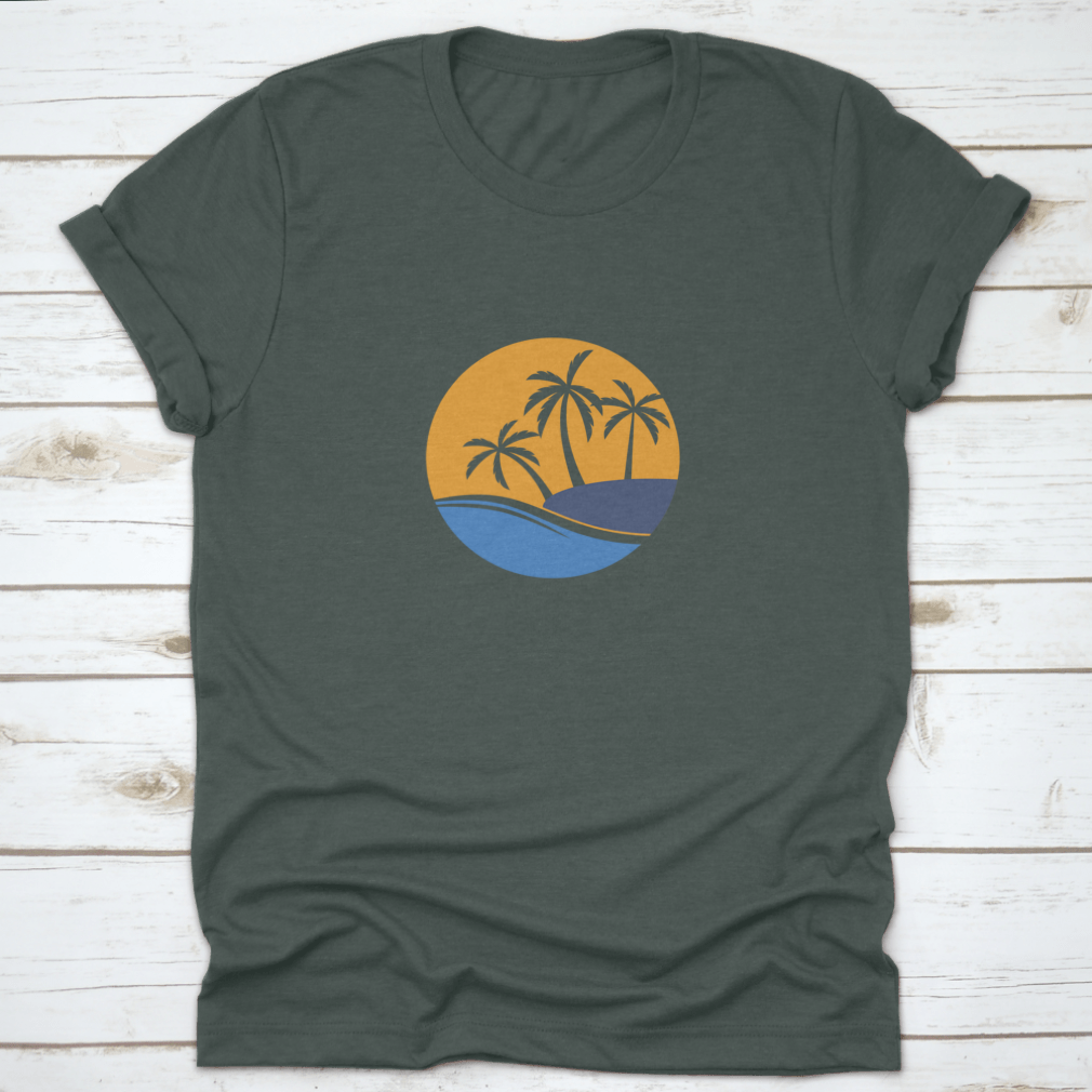 A stylish white t-shirt featuring a coconut tree and ocean wave design, perfect for casual wear.