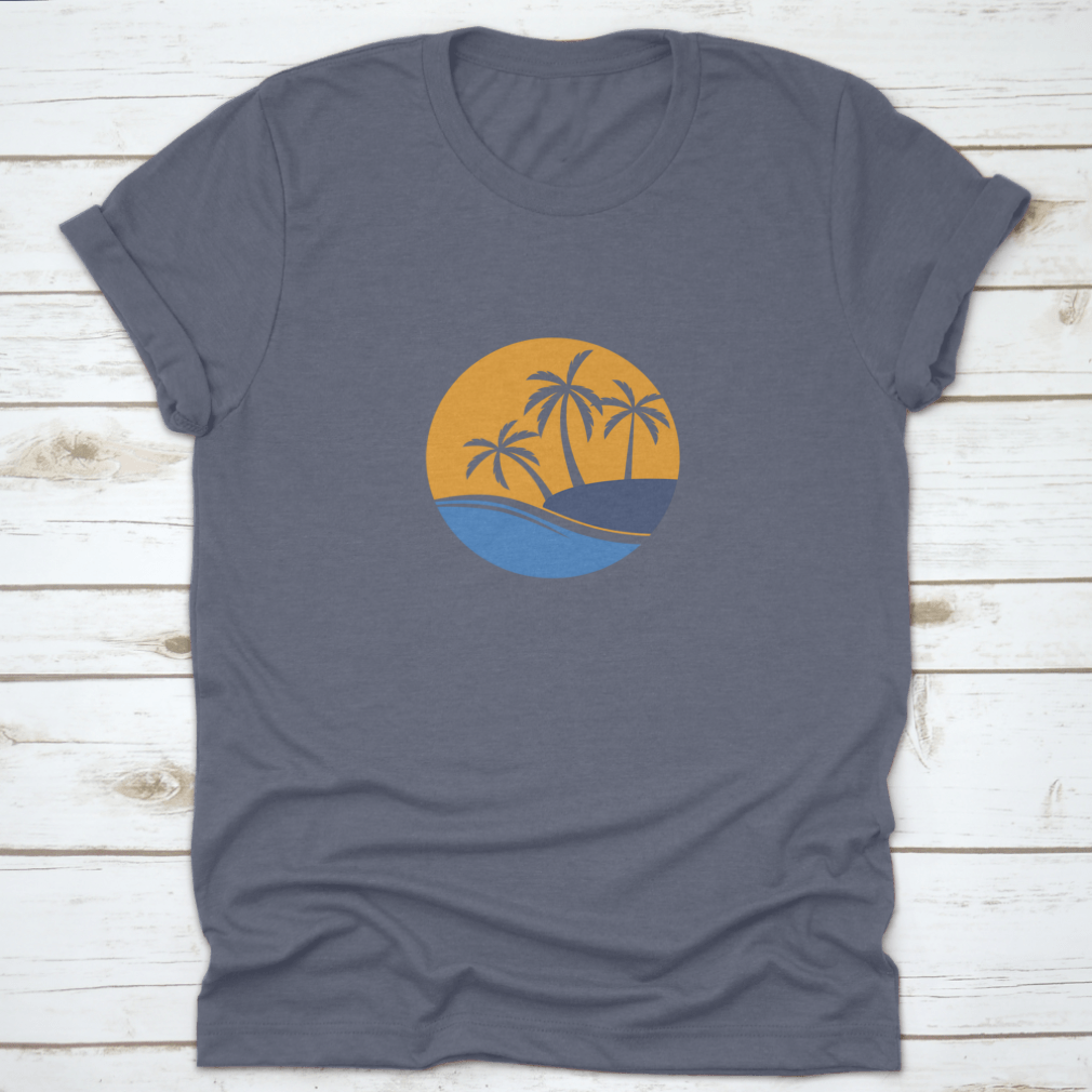 A stylish white t-shirt featuring a coconut tree and ocean wave design, perfect for casual wear.