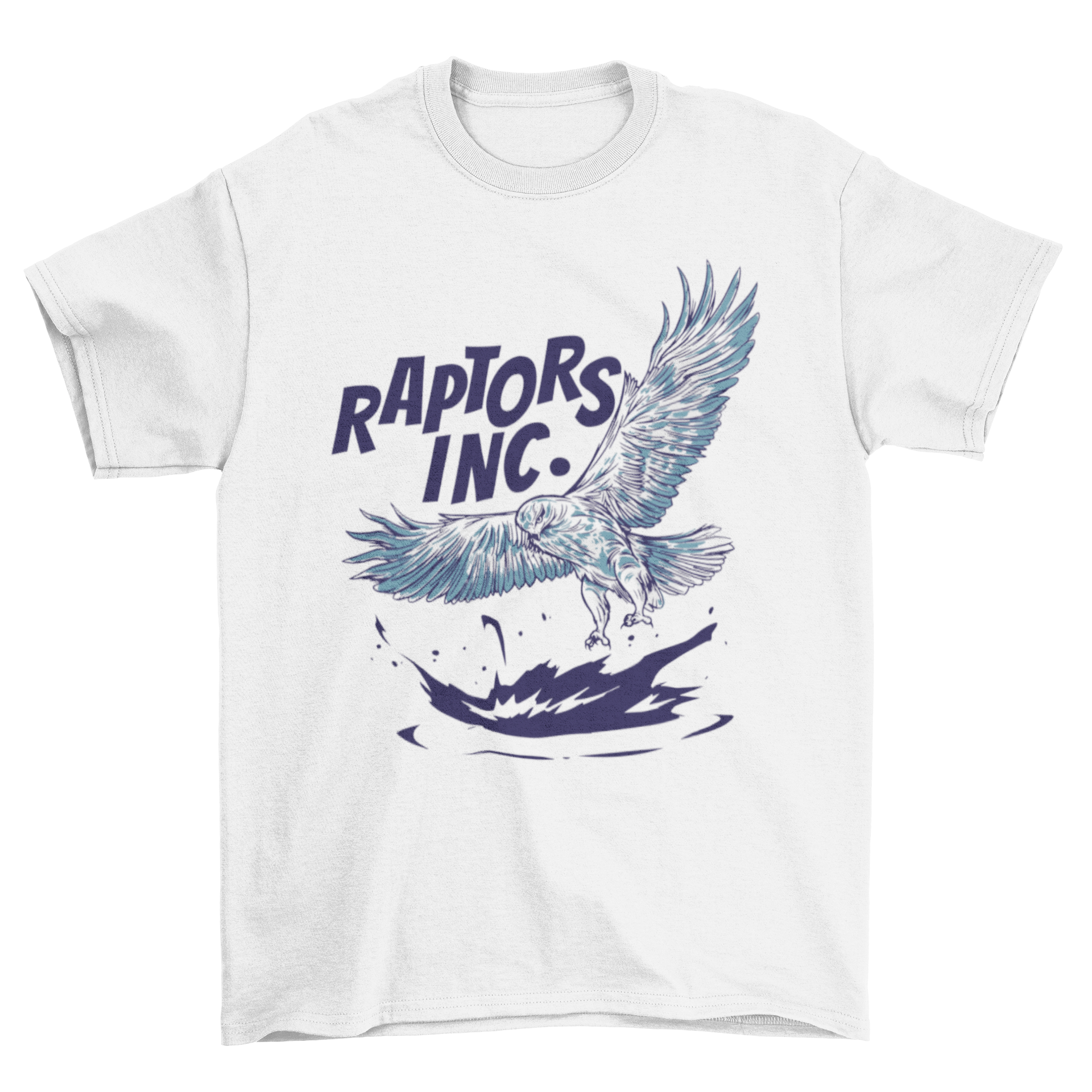 A stylish white t-shirt featuring a detailed graphic of a white eagle and the quote 'Raptors inc.'