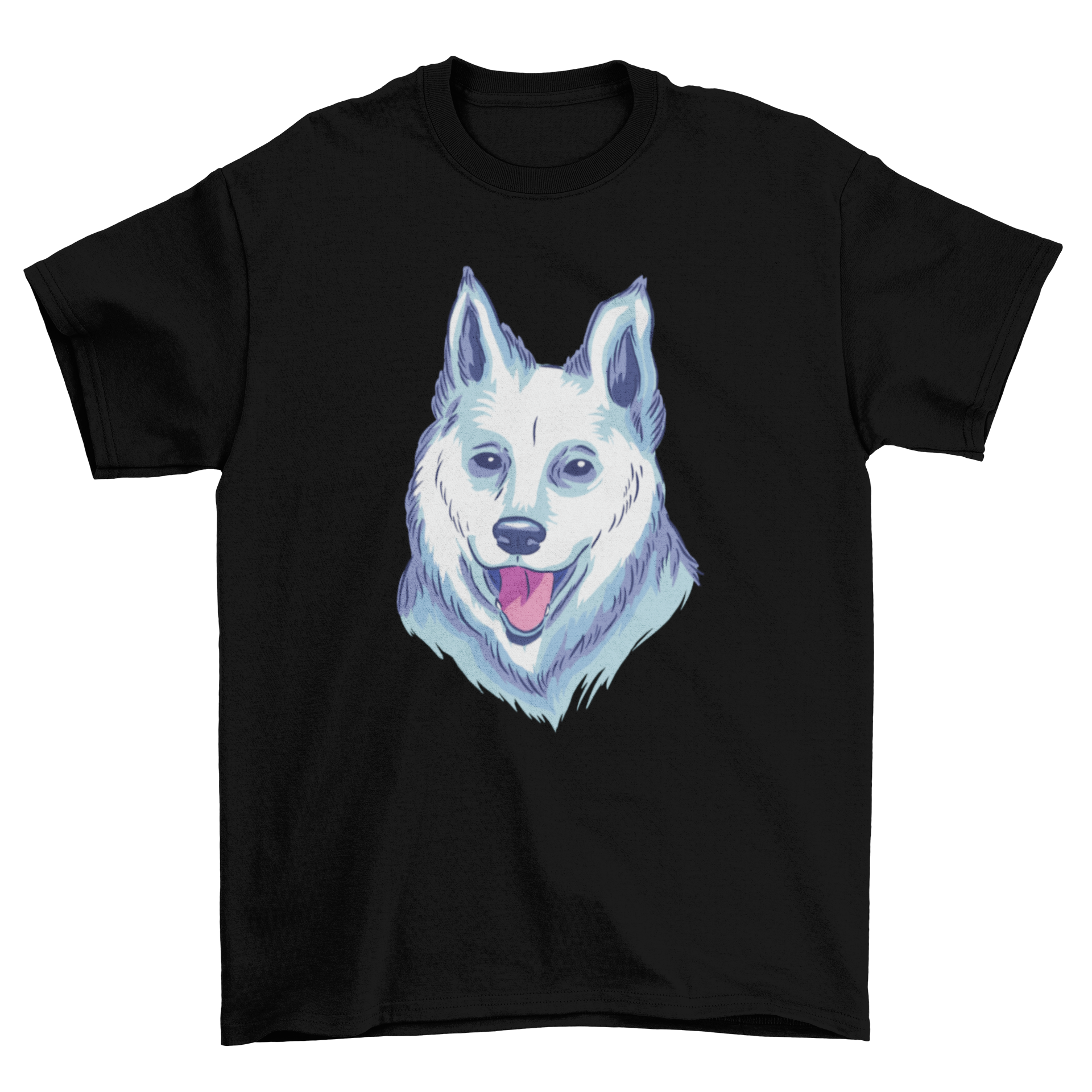 A stylish white t-shirt featuring a beautiful graphic of a white shepherd dog, perfect for dog lovers.