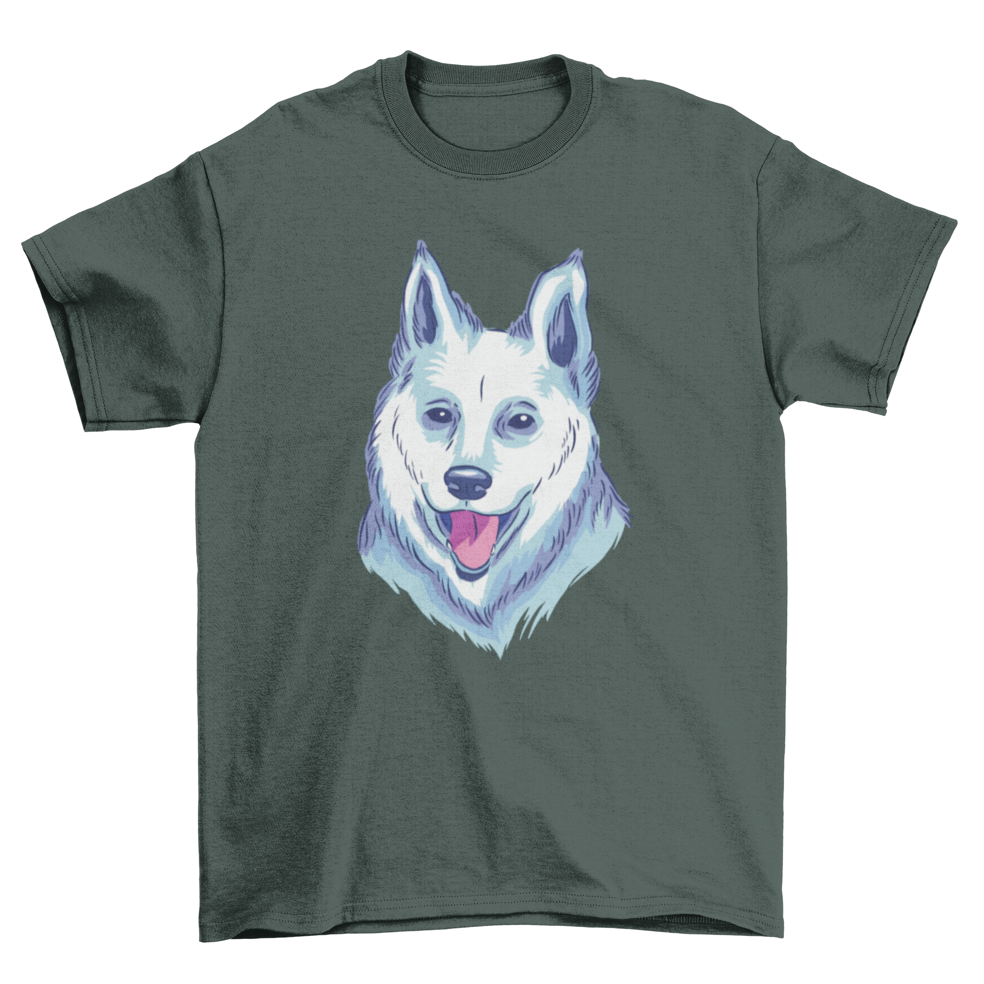 A stylish white t-shirt featuring a beautiful graphic of a white shepherd dog, perfect for dog lovers.