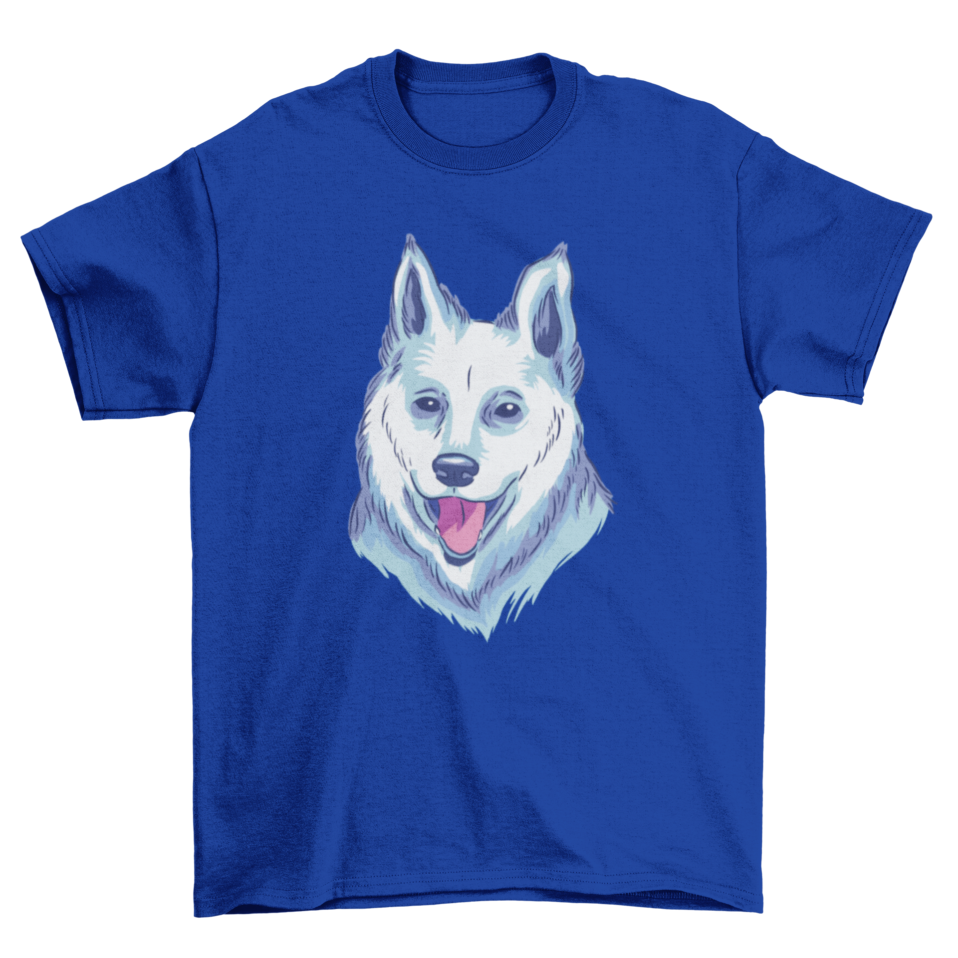 A stylish white t-shirt featuring a beautiful graphic of a white shepherd dog, perfect for dog lovers.