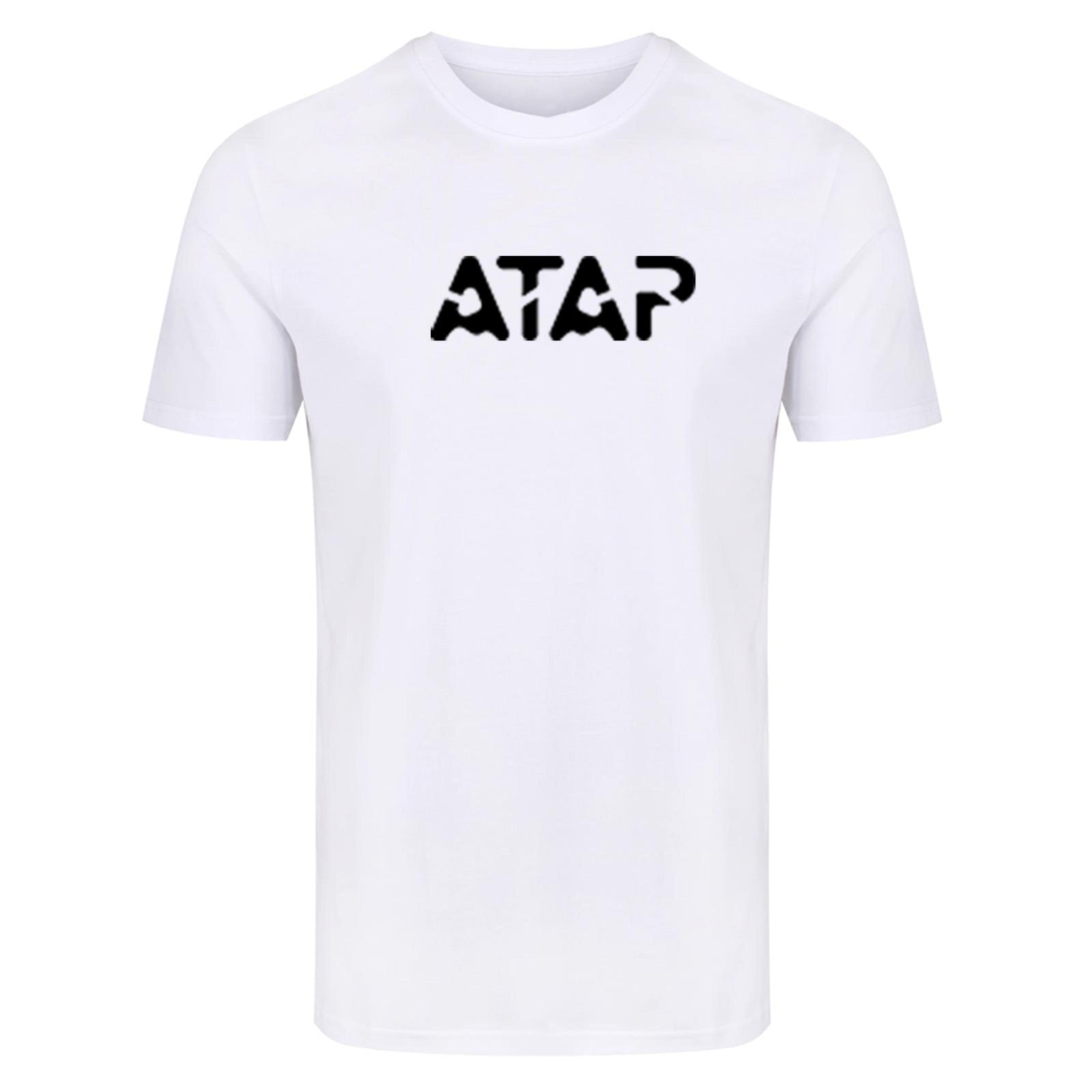 White Signature T-shirt featuring a black ATAP logo on the chest, crew neckline, and short sleeves.