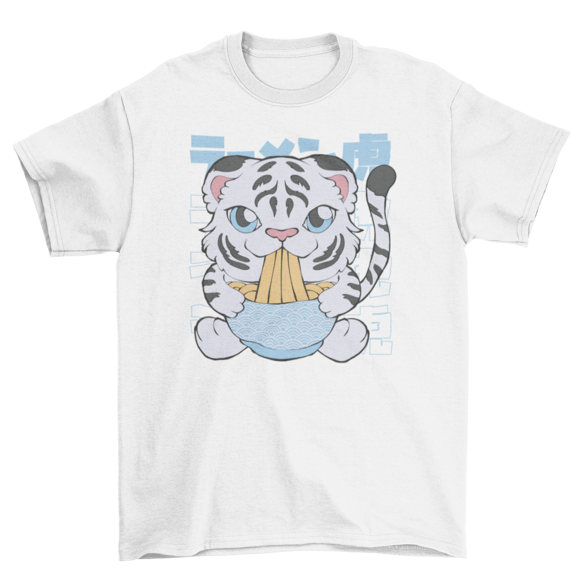 A white baby tiger playfully eating ramen from a bowl, featured on a stylish t-shirt.