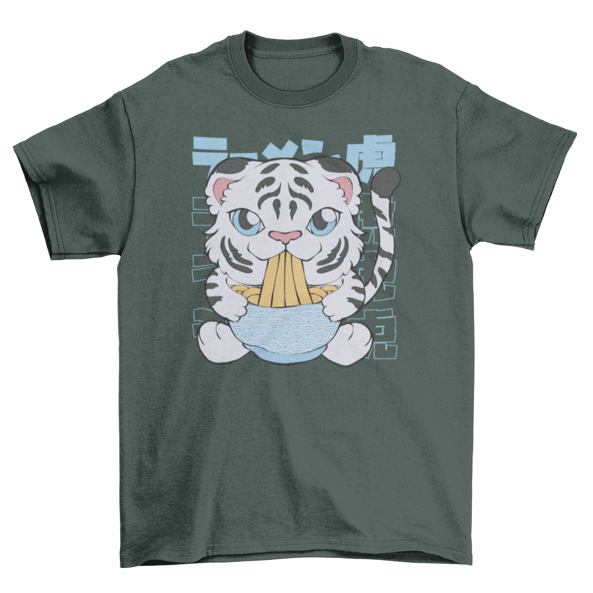 A white baby tiger playfully eating ramen from a bowl, featured on a stylish t-shirt.