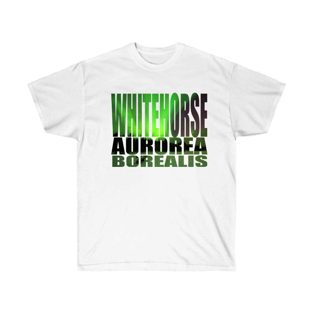 Whitehorse Aurora Borealis Souvenir T-Shirt featuring vibrant Northern Lights design, made from 100% soft cotton, unisex fit.