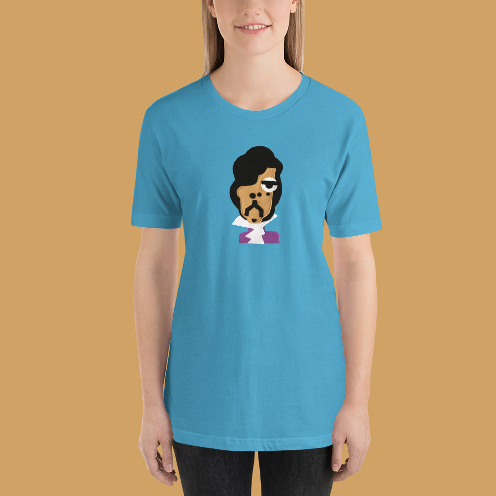 A stylish women's t-shirt featuring a unique felt appliqué design celebrating Prince, crafted with love in Paradise.