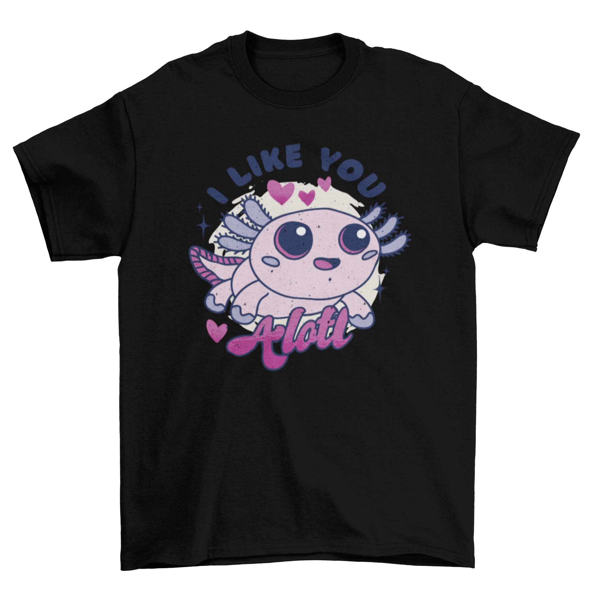 A cute t-shirt featuring an illustrated axolotl and the quote 'I like you alotl', perfect for animal lovers.