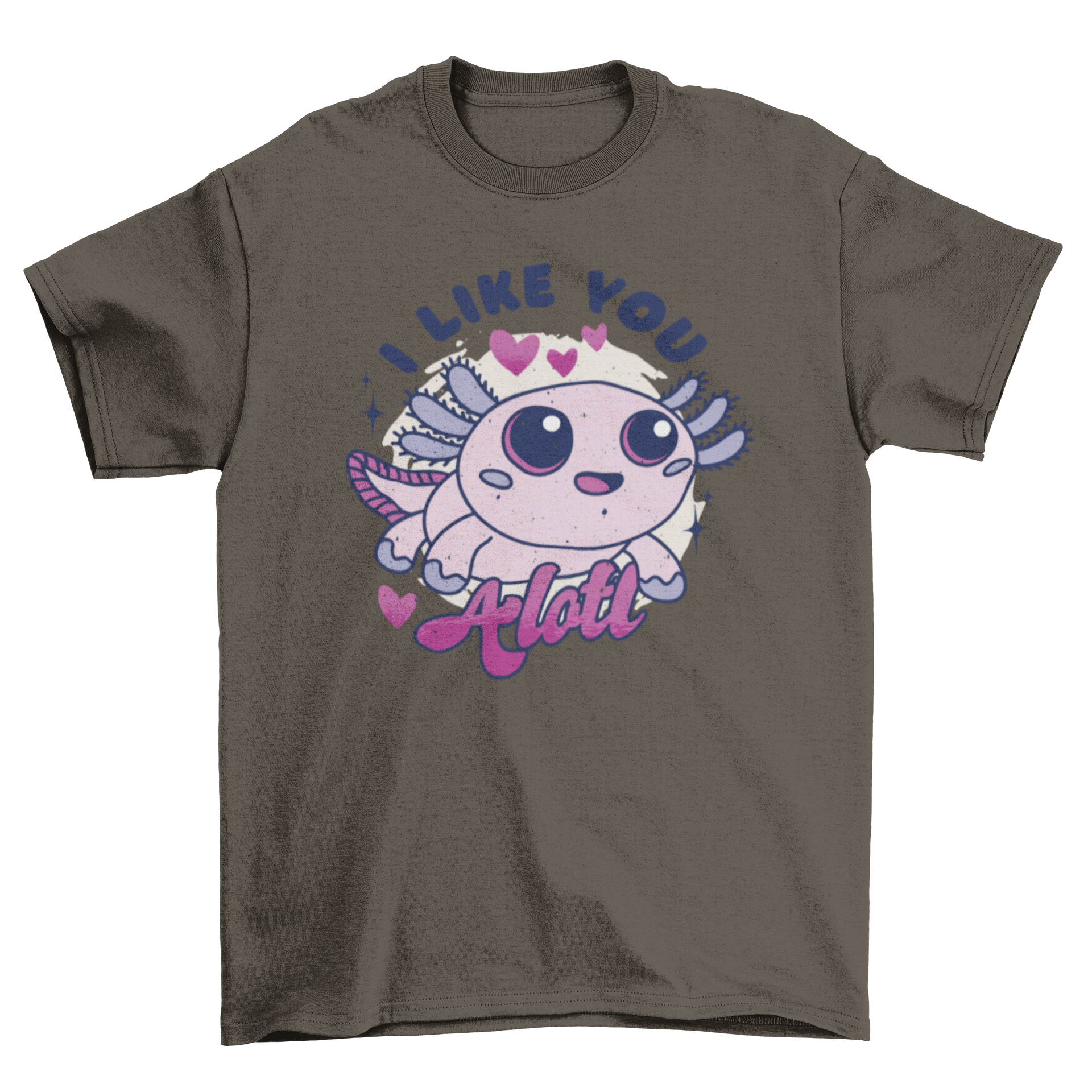 A cute t-shirt featuring an illustrated axolotl and the quote 'I like you alotl', perfect for animal lovers.