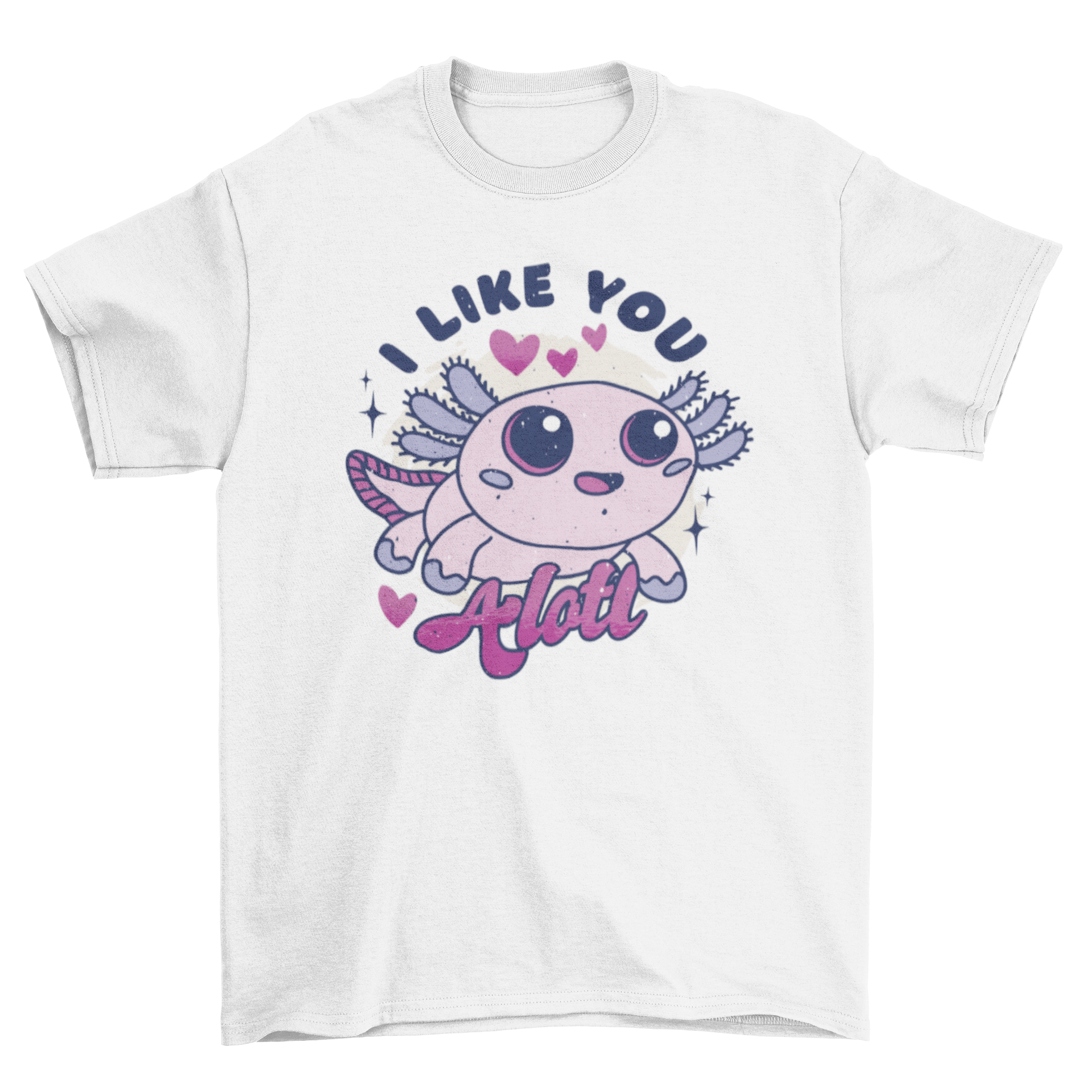 A cute t-shirt featuring an illustrated axolotl and the quote 'I like you alotl', perfect for animal lovers.