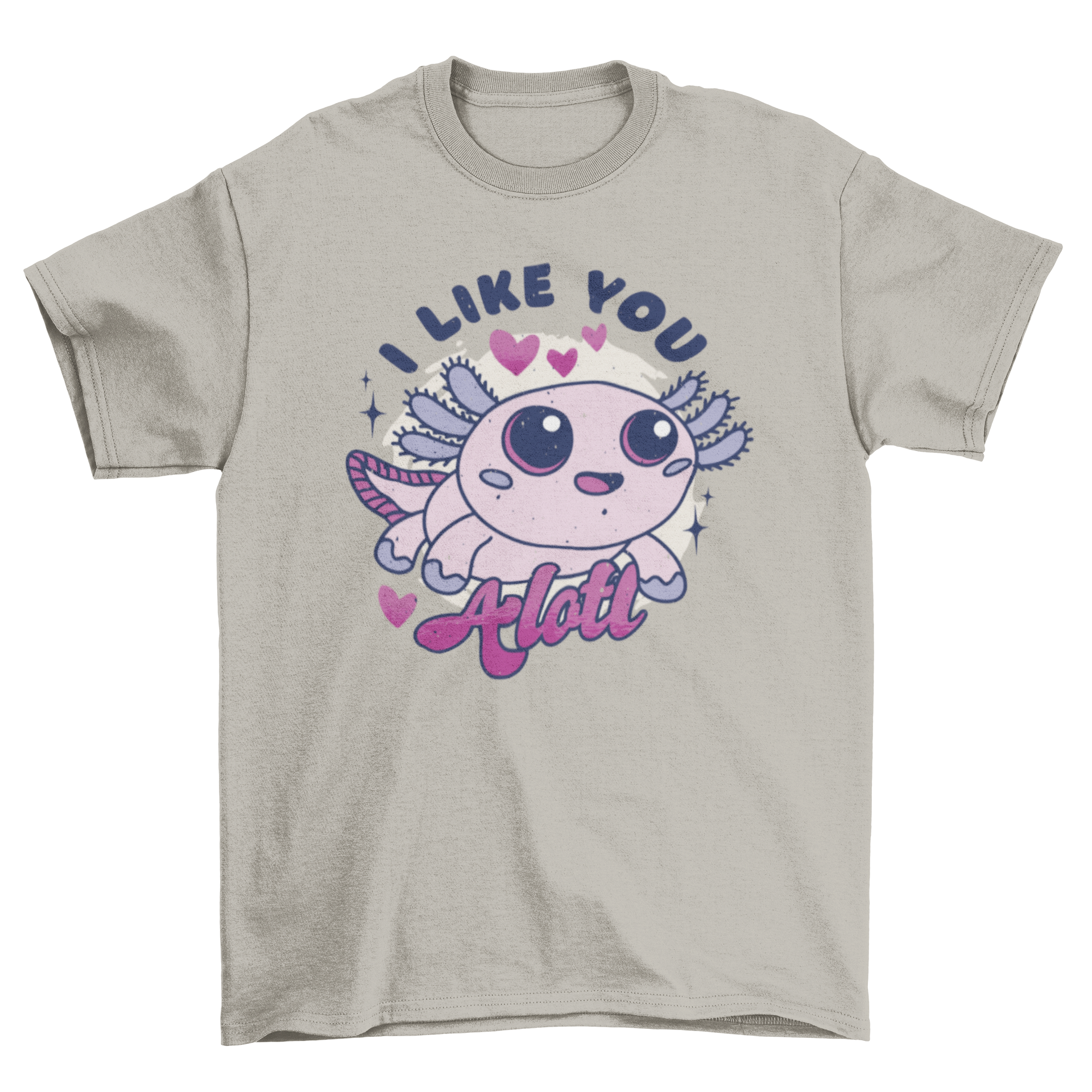 A cute t-shirt featuring an illustrated axolotl and the quote 'I like you alotl', perfect for animal lovers.