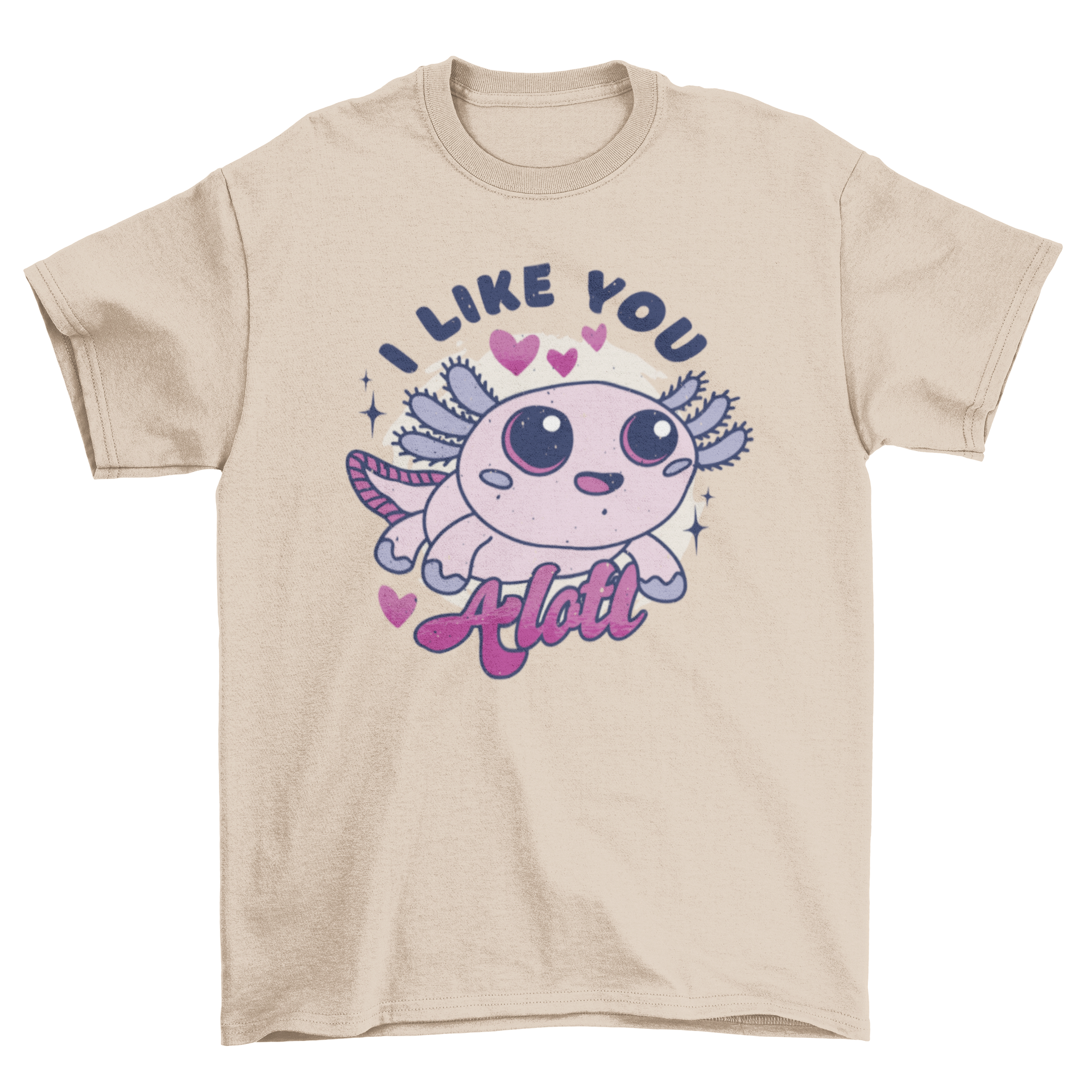 A cute t-shirt featuring an illustrated axolotl and the quote 'I like you alotl', perfect for animal lovers.