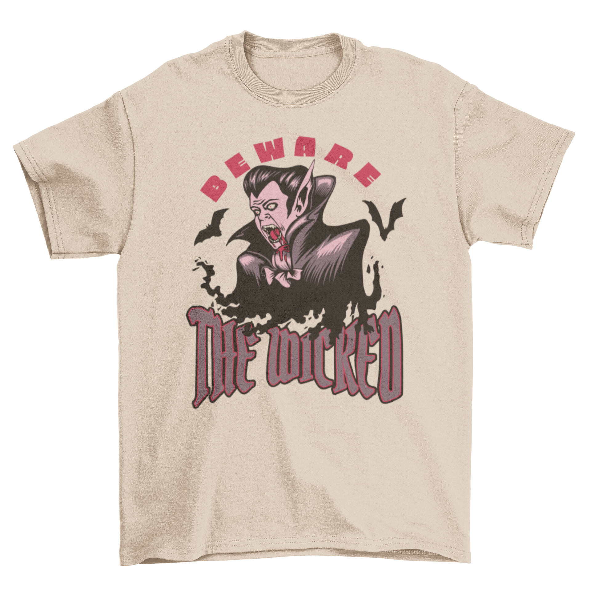 Wicked Halloween vampire t-shirt featuring a spooky vampire design and the quote 'Beware the wicked'.