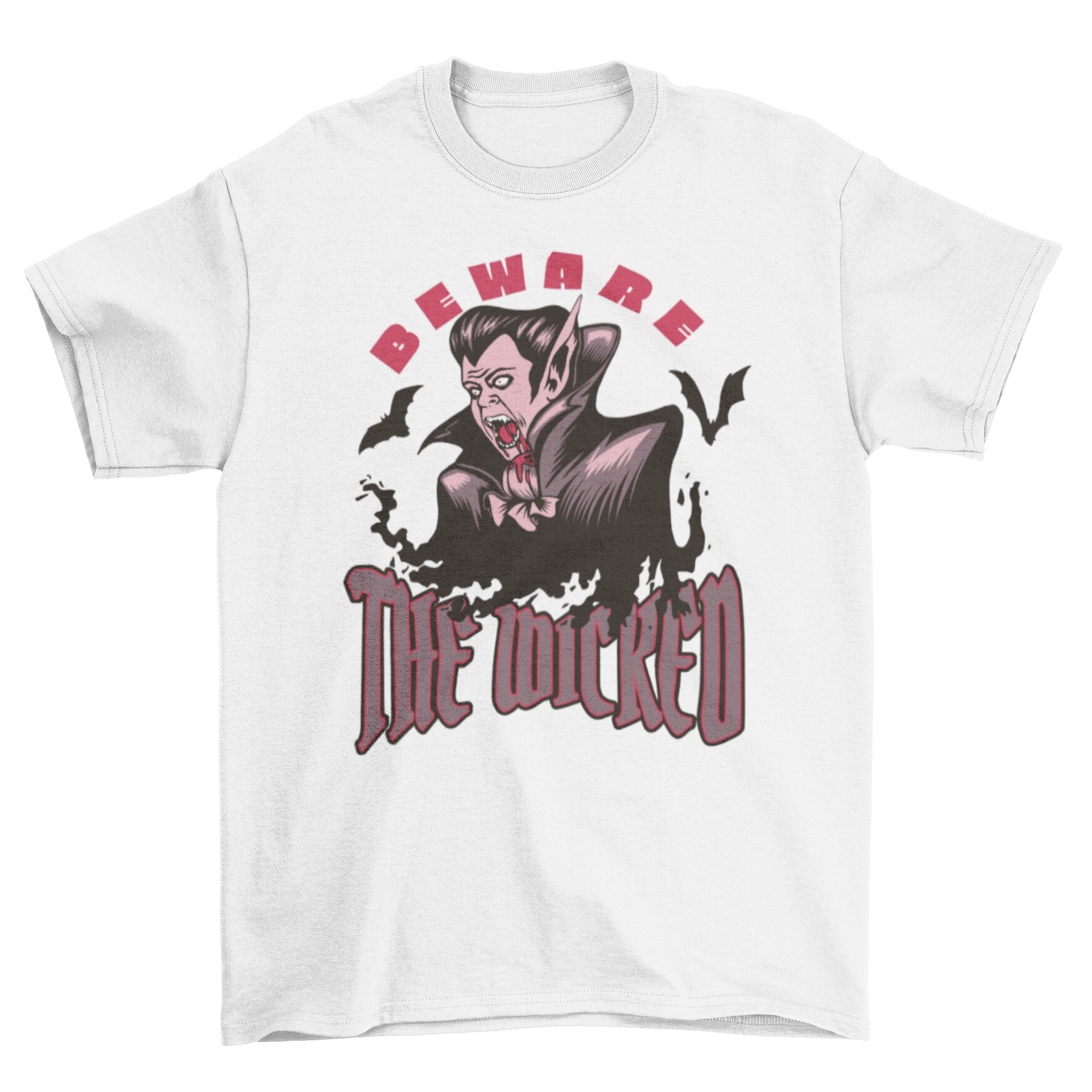 Wicked Halloween vampire t-shirt featuring a spooky vampire design and the quote 'Beware the wicked'.