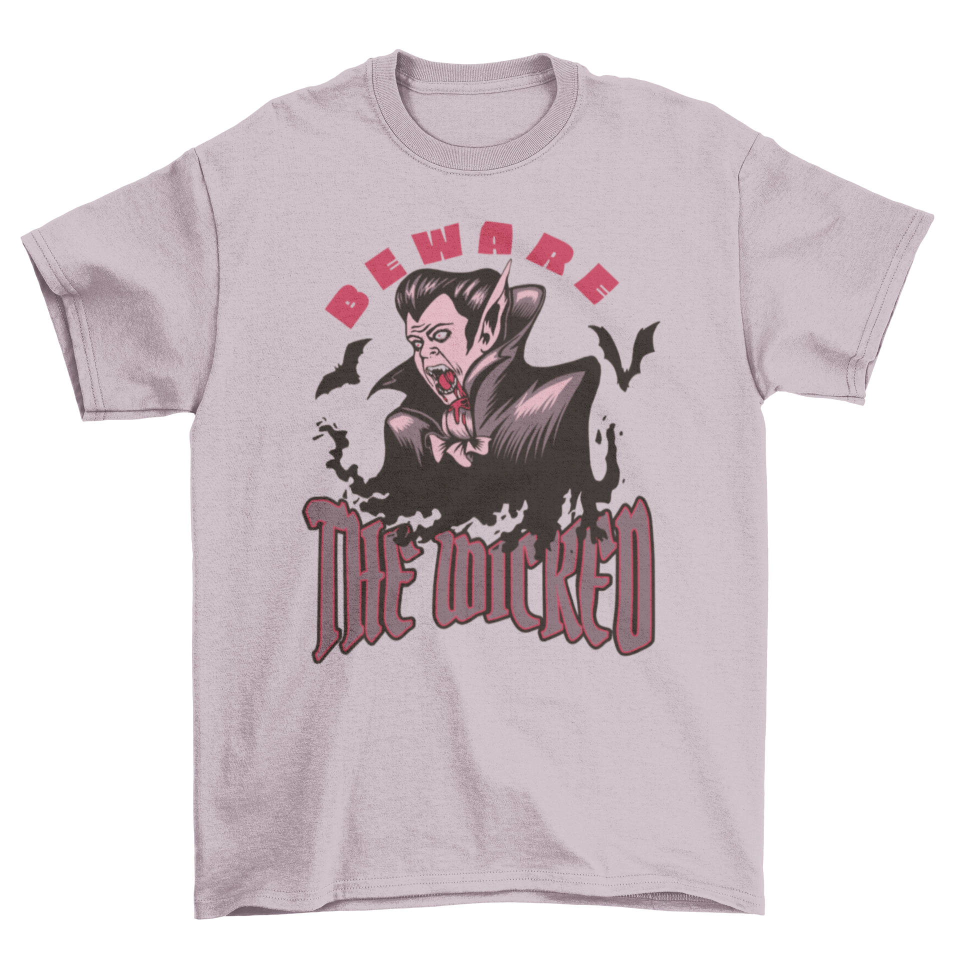 Wicked Halloween vampire t-shirt featuring a spooky vampire design and the quote 'Beware the wicked'.