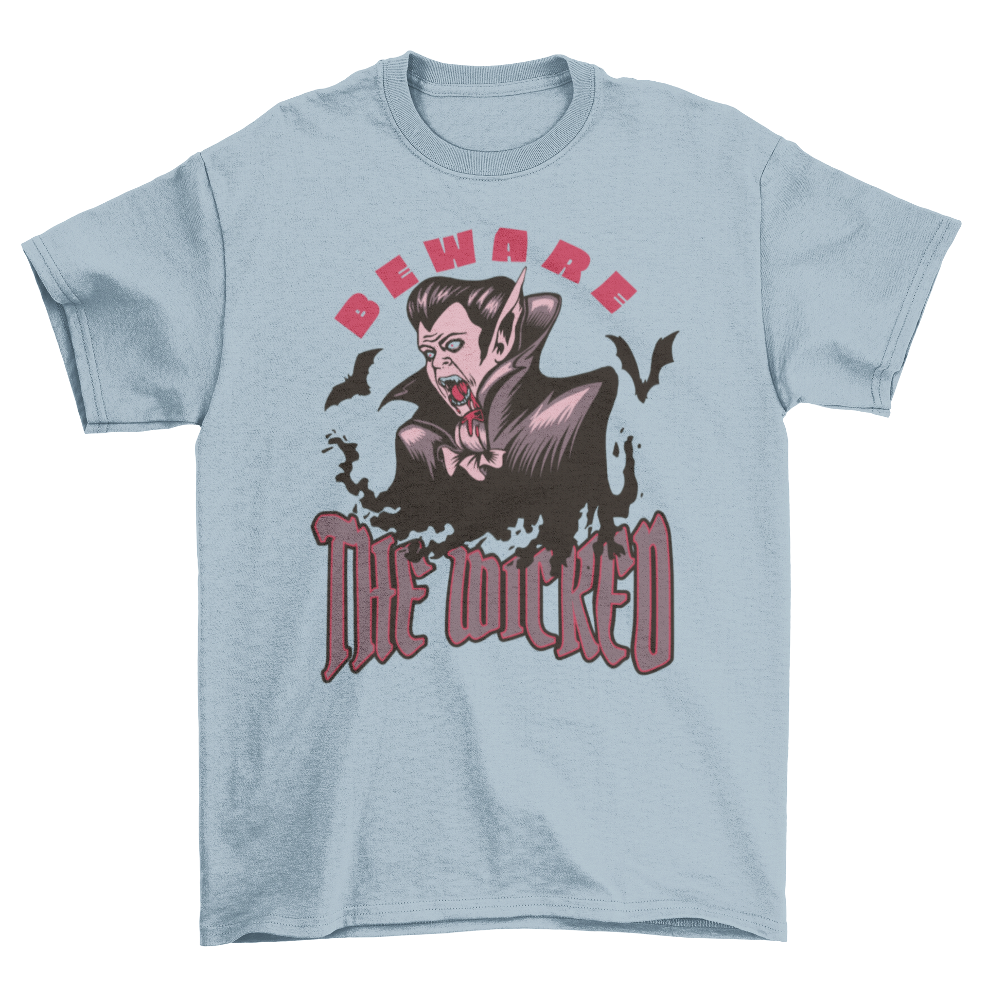 Wicked Halloween vampire t-shirt featuring a spooky vampire design and the quote 'Beware the wicked'.