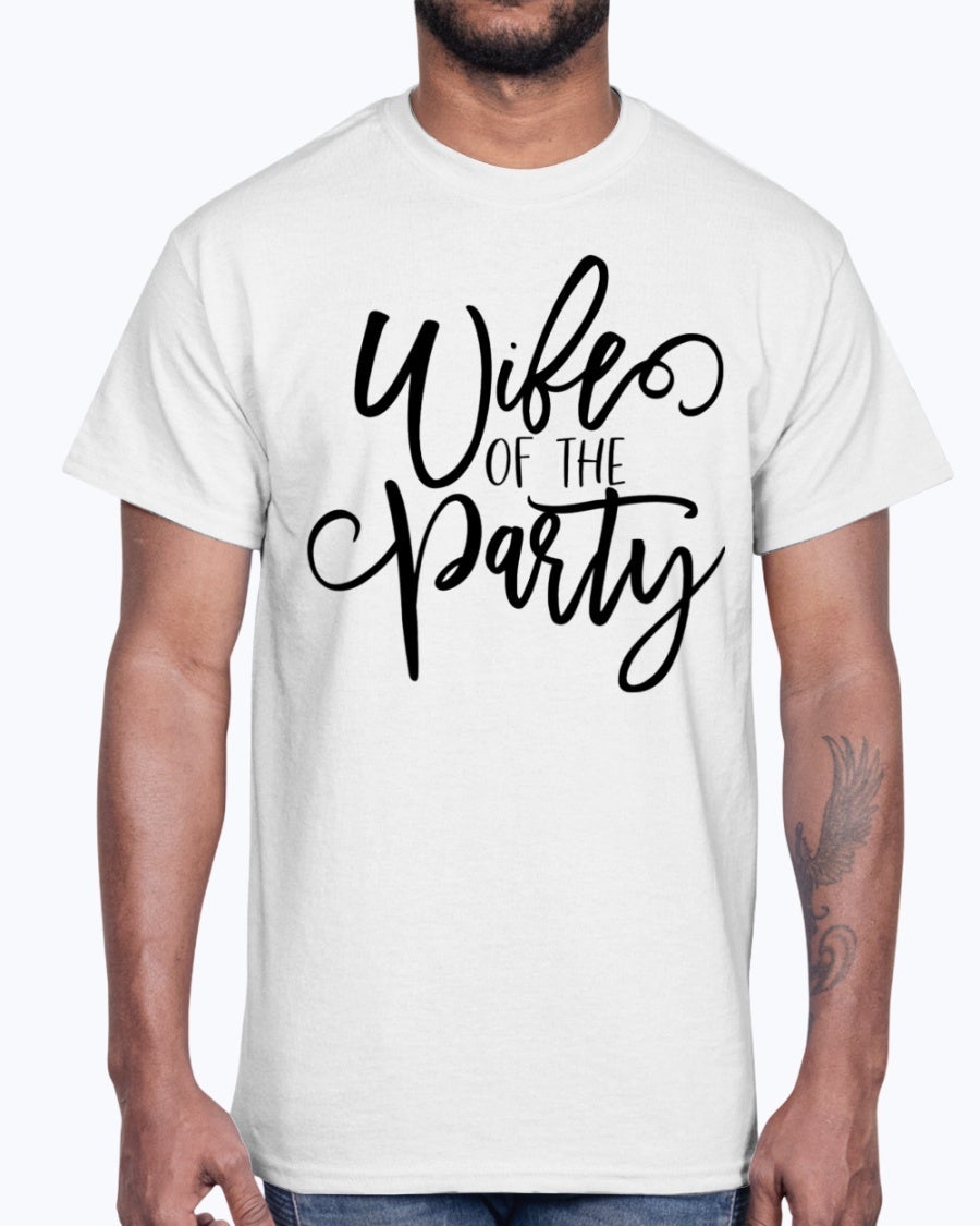 Wife of the Party Cotton Tee, white with elegant lettering, perfect for bridal celebrations.