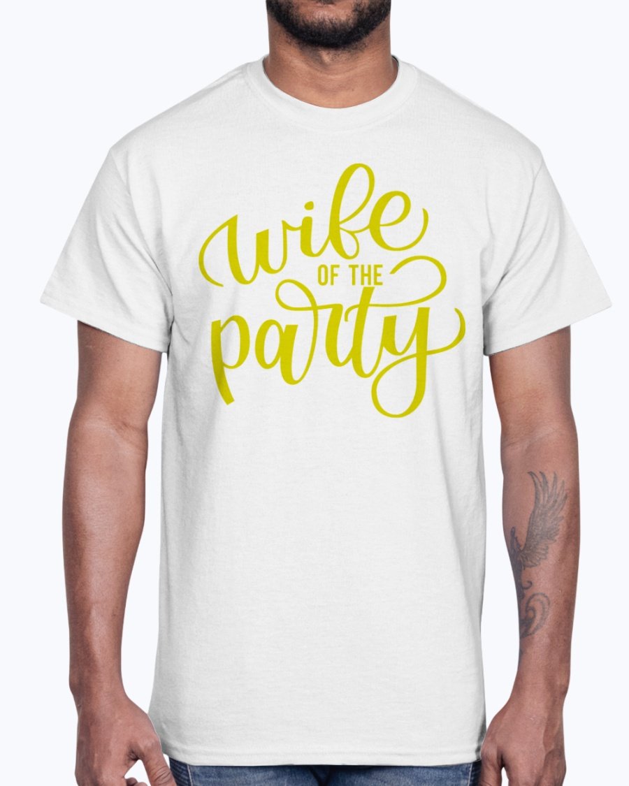 Wife Of the Party Cotton Tee displayed on a hanger, showcasing its stylish design and comfortable fabric.