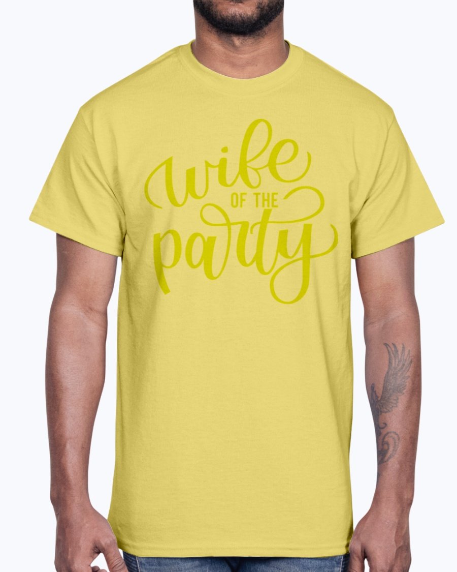 Wife Of the Party Cotton Tee displayed on a hanger, showcasing its stylish design and comfortable fabric.