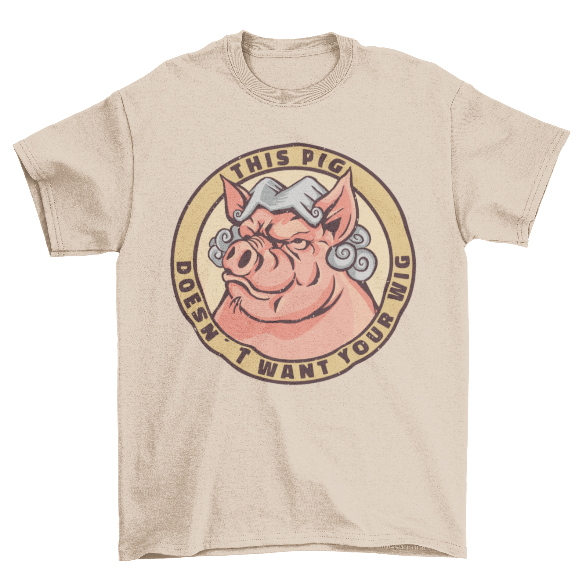 A playful t-shirt featuring a pig wearing a colorful wig with the quote 'This pig doesn't want your wig'.