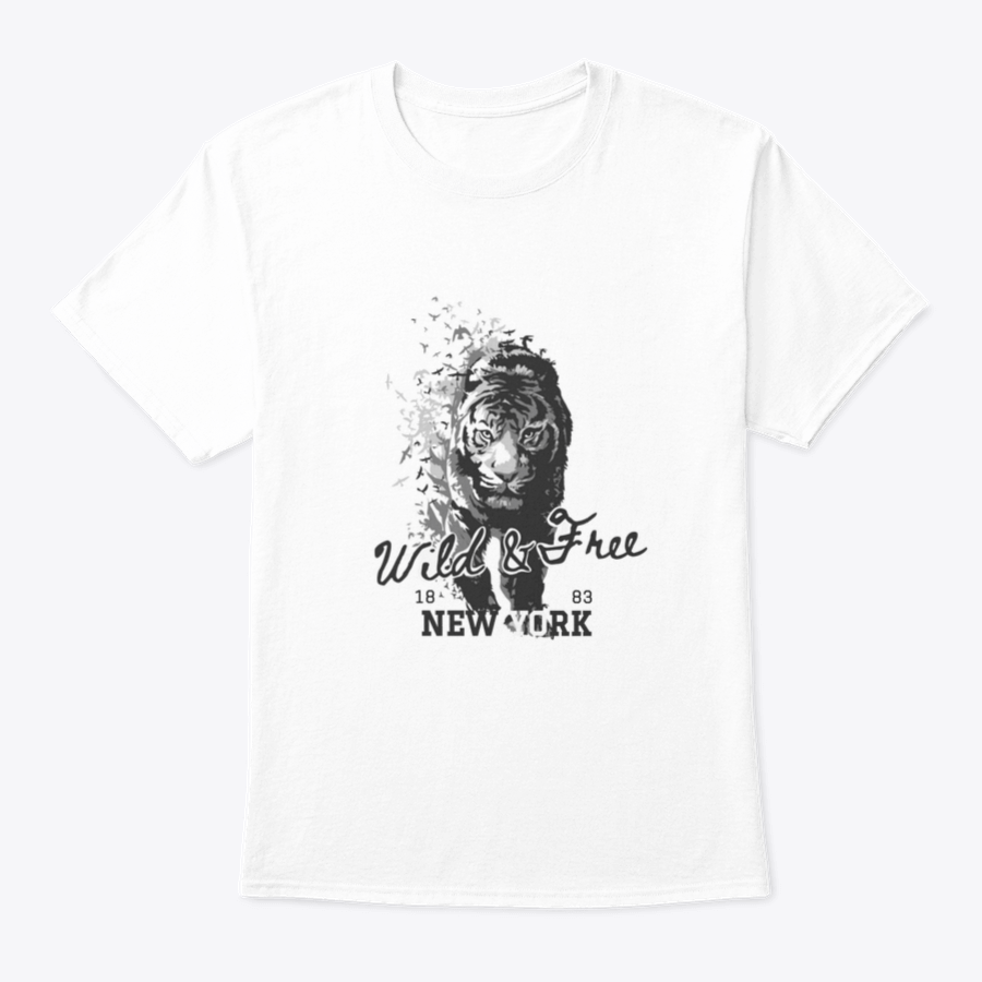 A stylish t-shirt featuring a Wild And Free slogan with a tiger walking in a bird silhouette, showcasing a unique and adventurous design.