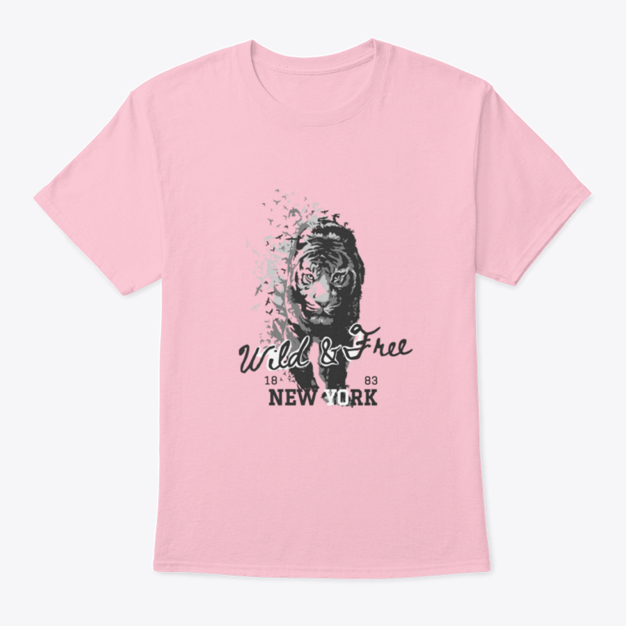 A stylish t-shirt featuring a Wild And Free slogan with a tiger walking in a bird silhouette, showcasing a unique and adventurous design.