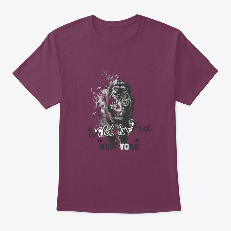 A stylish t-shirt featuring a Wild And Free slogan with a tiger walking in a bird silhouette, showcasing a unique and adventurous design.