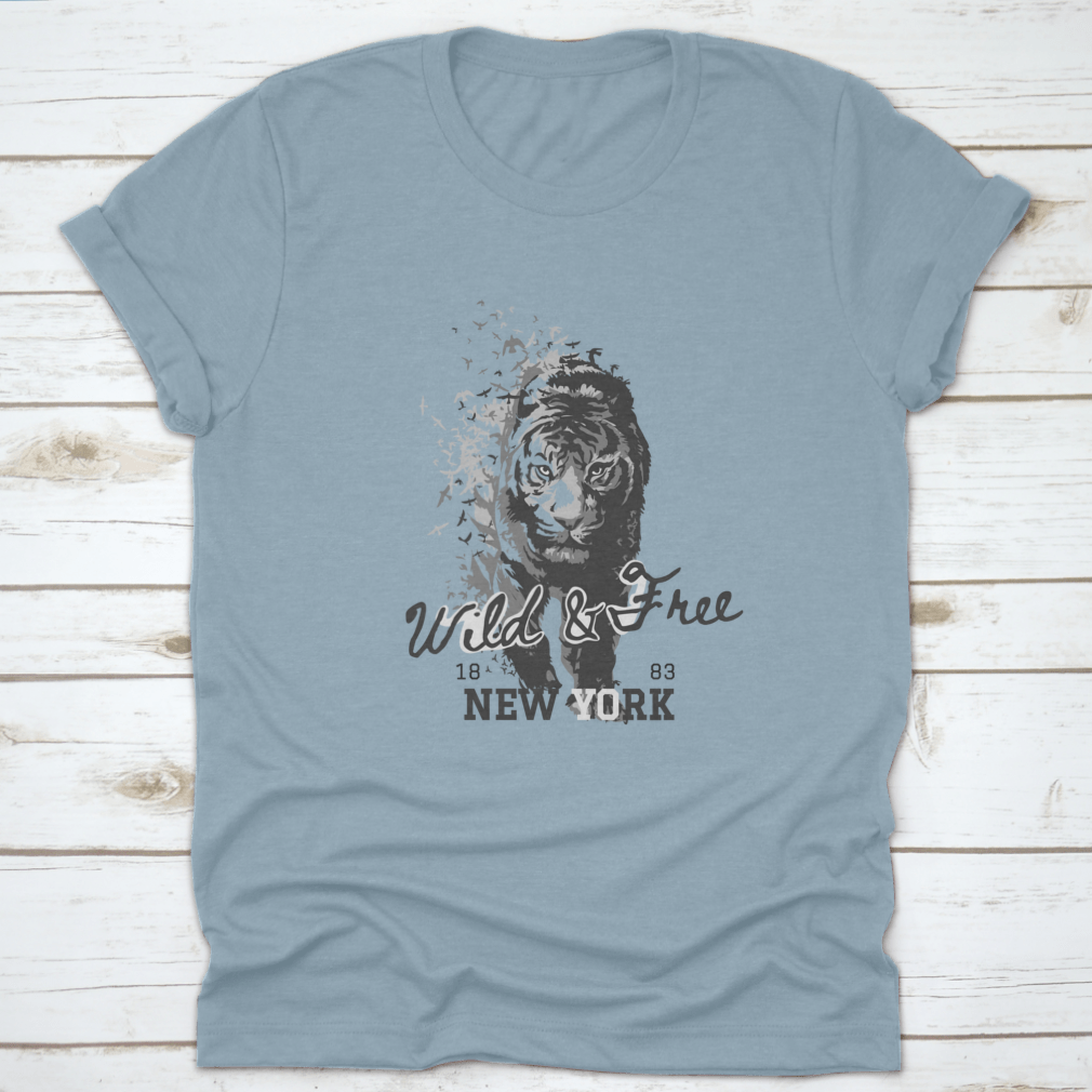 A stylish t-shirt featuring a Wild And Free slogan with a tiger walking in a bird silhouette, showcasing a unique and adventurous design.