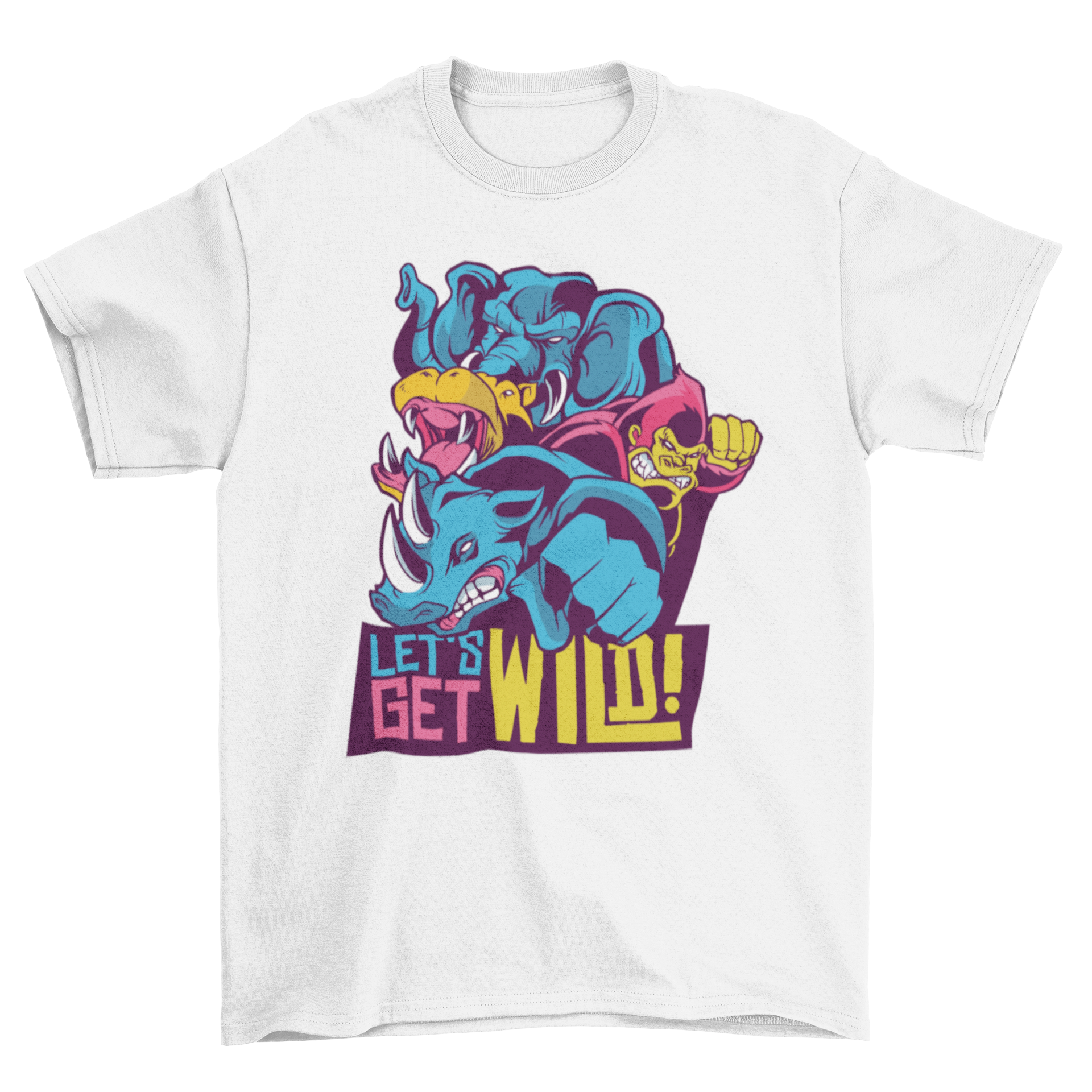 Wild Animals Quote T-shirt featuring an elephant, hippo, gorilla, and rhino with the quote 'LET'S GET WILD'.