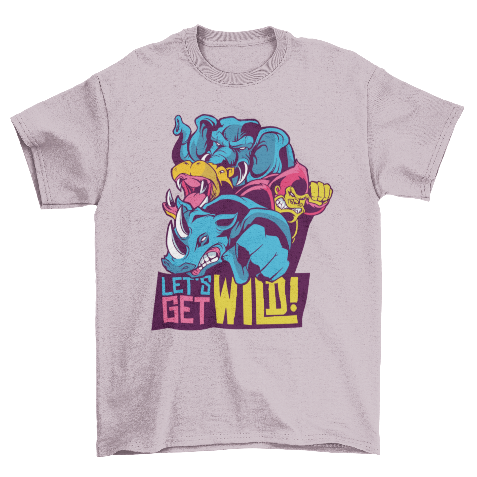 Wild Animals Quote T-shirt featuring an elephant, hippo, gorilla, and rhino with the quote 'LET'S GET WILD'.