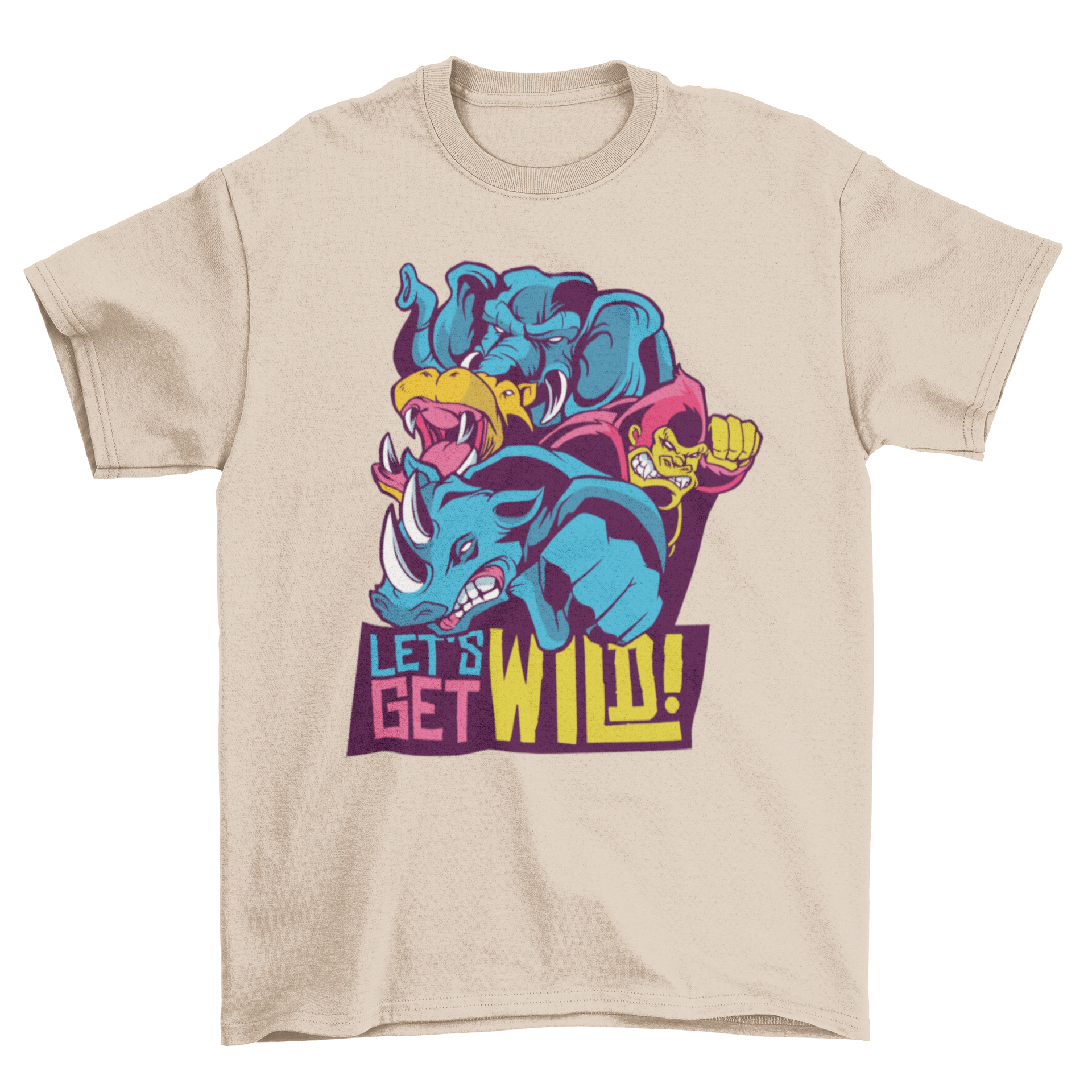 Wild Animals Quote T-shirt featuring an elephant, hippo, gorilla, and rhino with the quote 'LET'S GET WILD'.