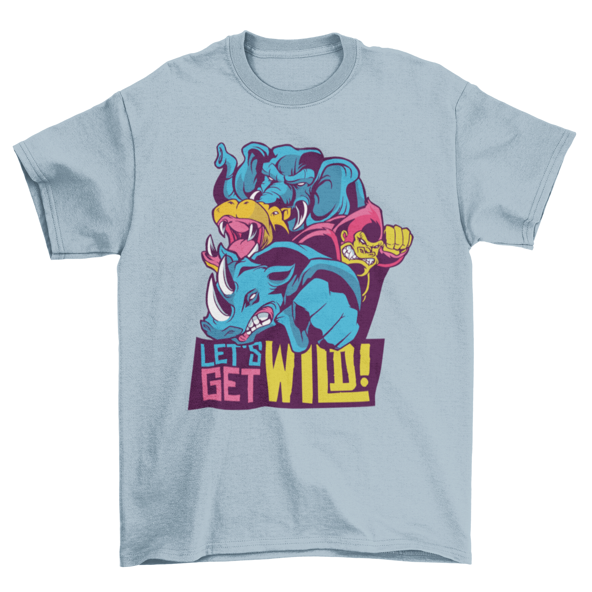 Wild Animals Quote T-shirt featuring an elephant, hippo, gorilla, and rhino with the quote 'LET'S GET WILD'.