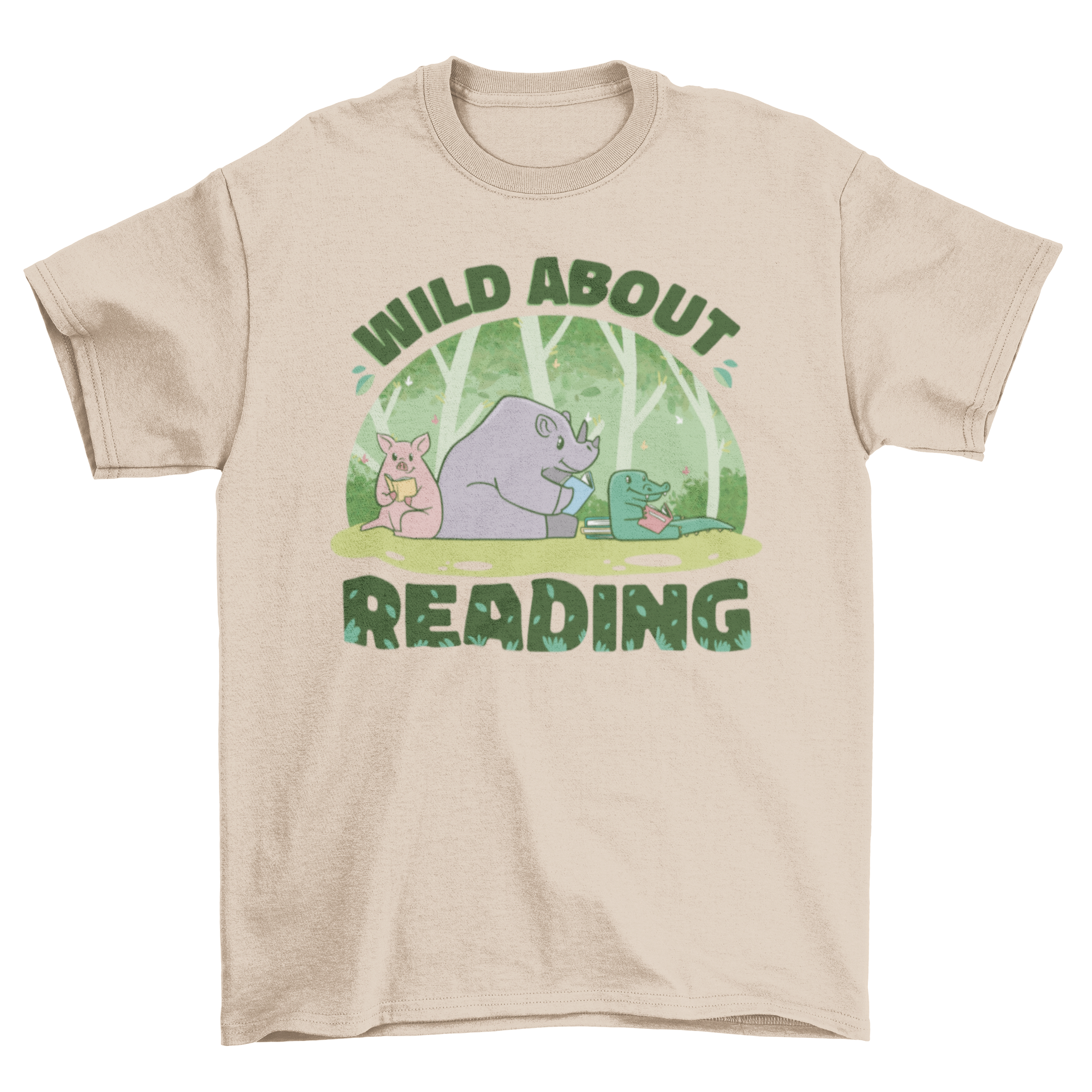 A colorful t-shirt featuring a pig, rhino, and crocodile reading books with the quote 'Wild about reading'.