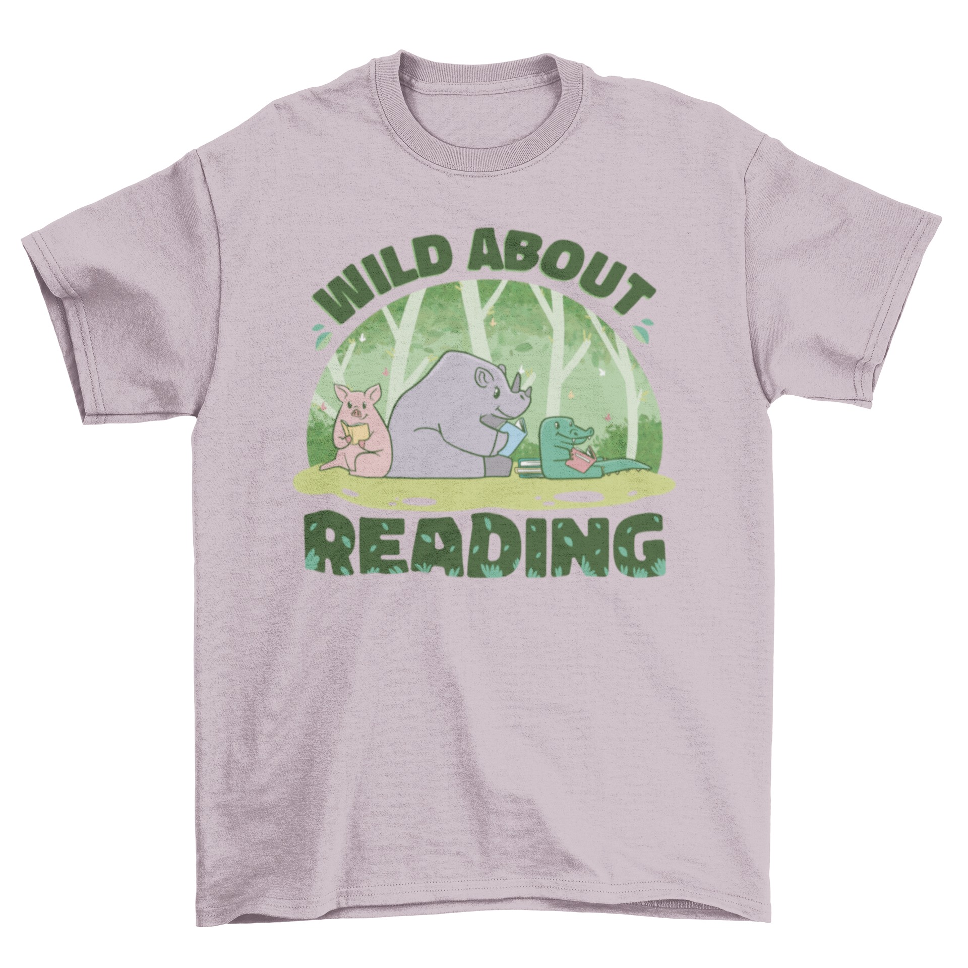 A colorful t-shirt featuring a pig, rhino, and crocodile reading books with the quote 'Wild about reading'.