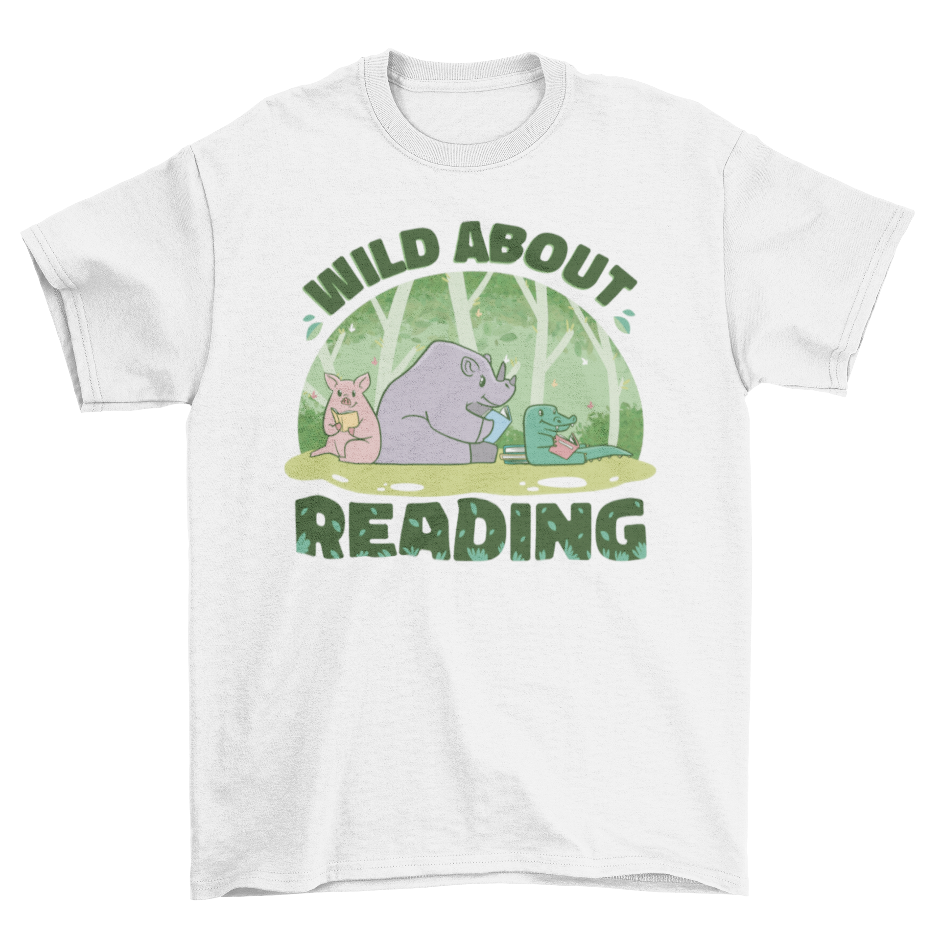 A colorful t-shirt featuring a pig, rhino, and crocodile reading books with the quote 'Wild about reading'.