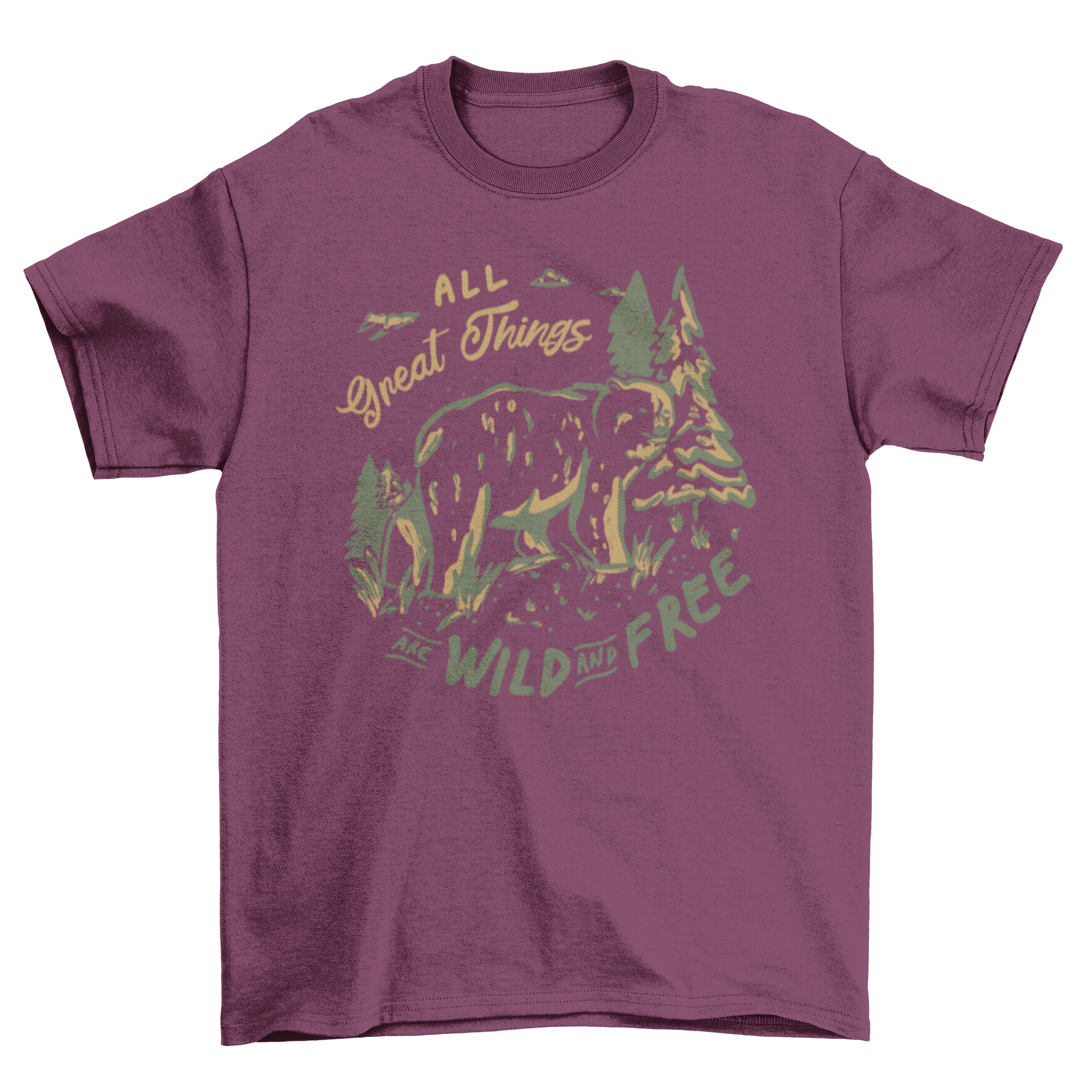 A stylish Wild Bear T-shirt featuring a bear design and the quote 'All great things are wild and free'.