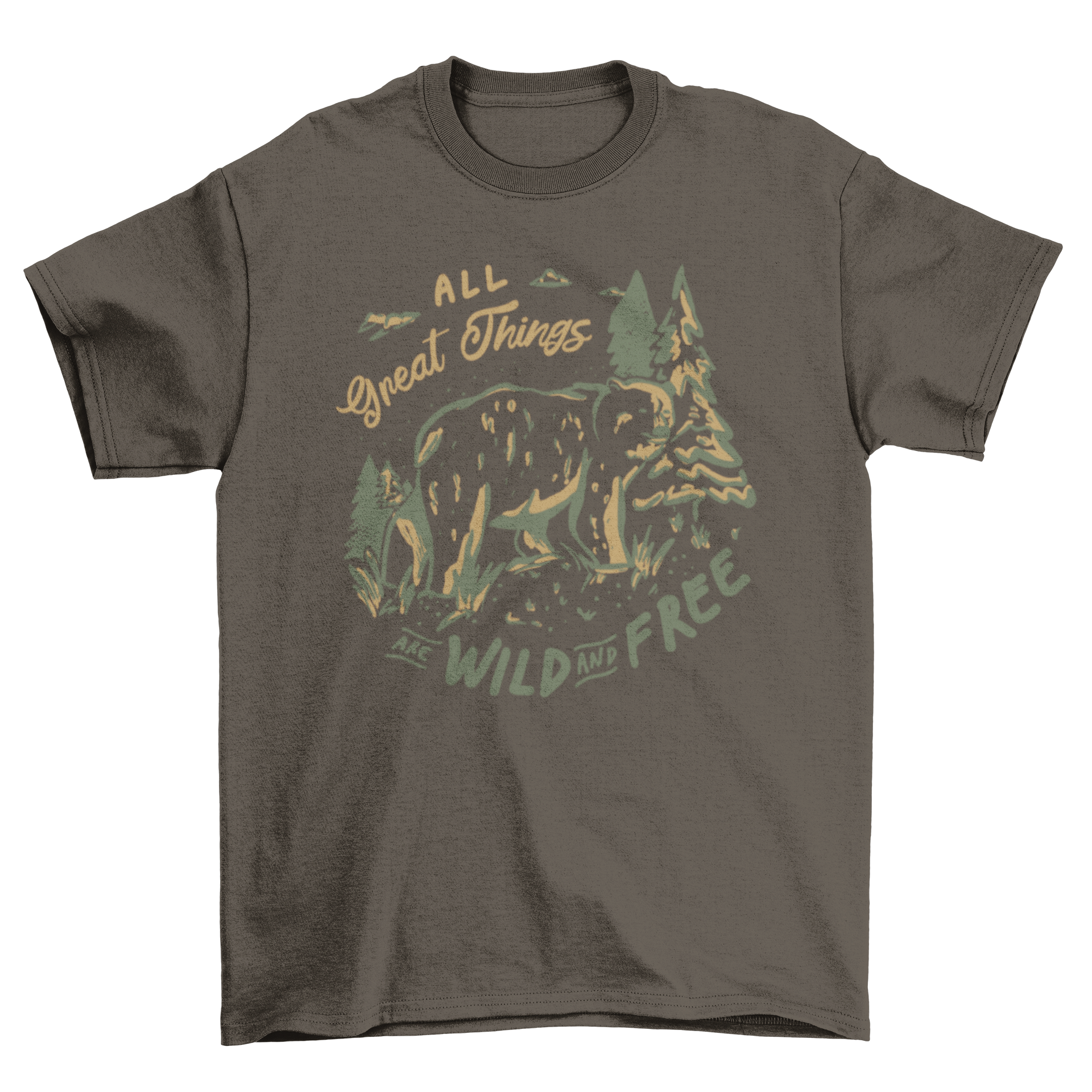 A stylish Wild Bear T-shirt featuring a bear design and the quote 'All great things are wild and free'.