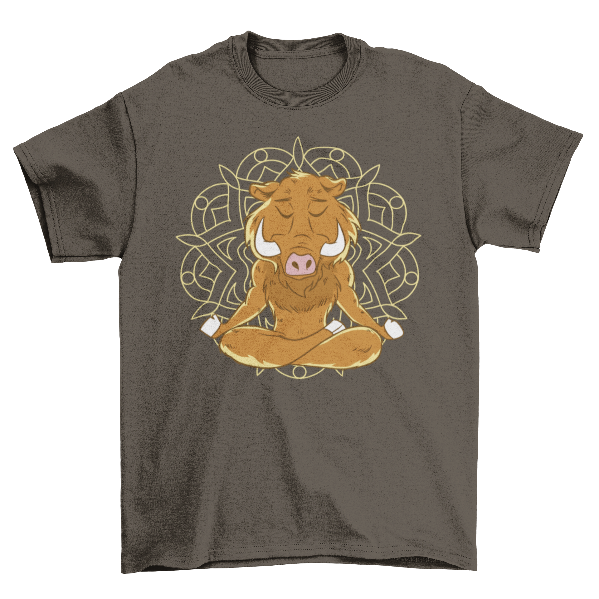 A stylish t-shirt featuring a wild boar meditating, showcasing a unique design for nature and meditation enthusiasts.