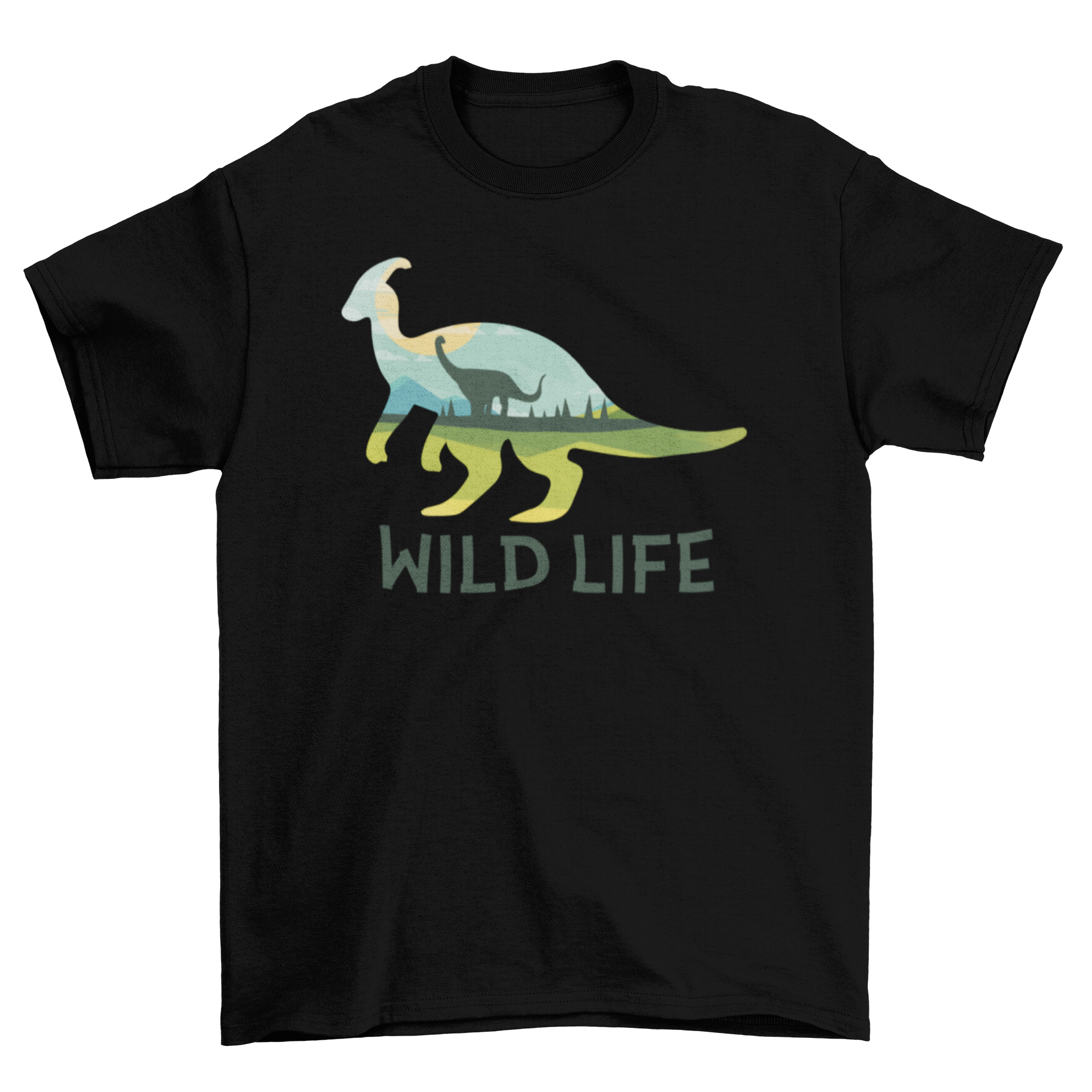 Wild Life Dinosaur T-Shirt featuring a dinosaur silhouette with a landscape illustration inside, showcasing vibrant colors and artistic design.