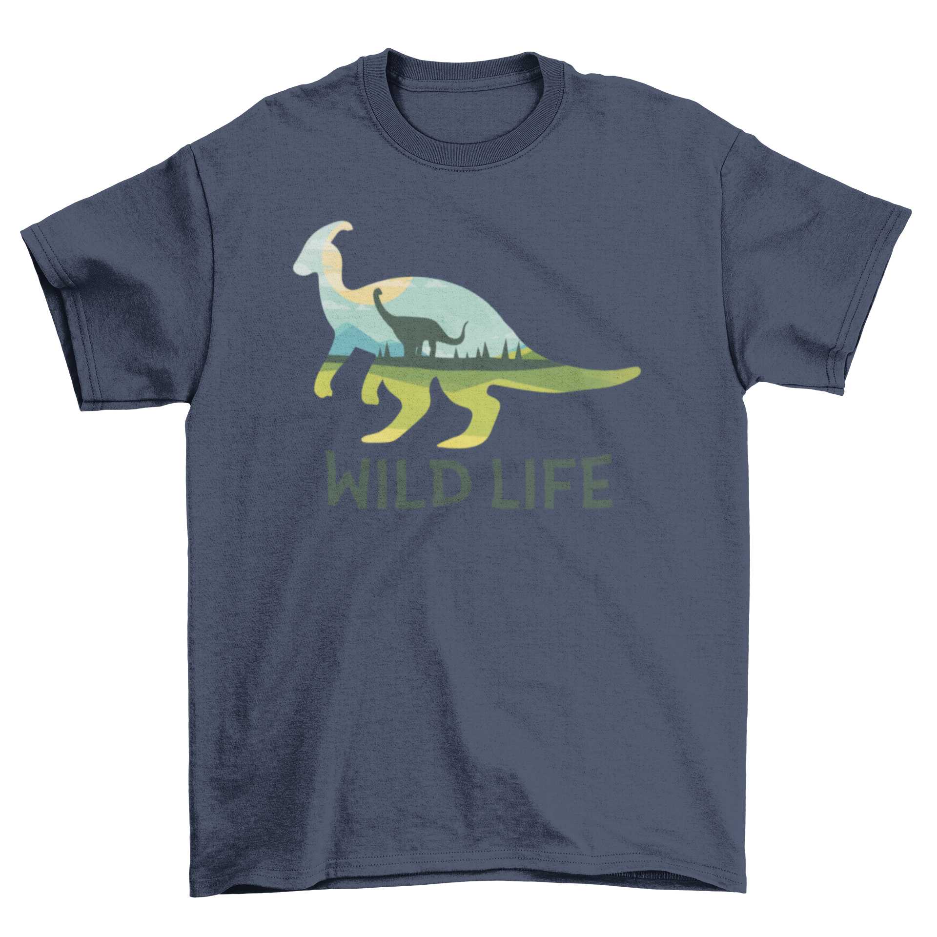 Wild Life Dinosaur T-Shirt featuring a dinosaur silhouette with a landscape illustration inside, showcasing vibrant colors and artistic design.