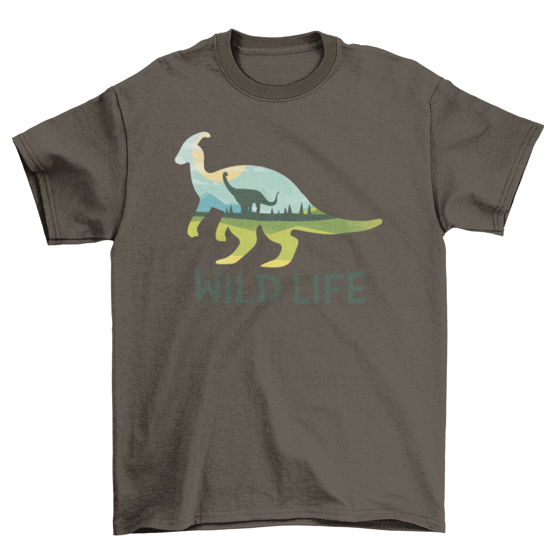 Wild Life Dinosaur T-Shirt featuring a dinosaur silhouette with a landscape illustration inside, showcasing vibrant colors and artistic design.