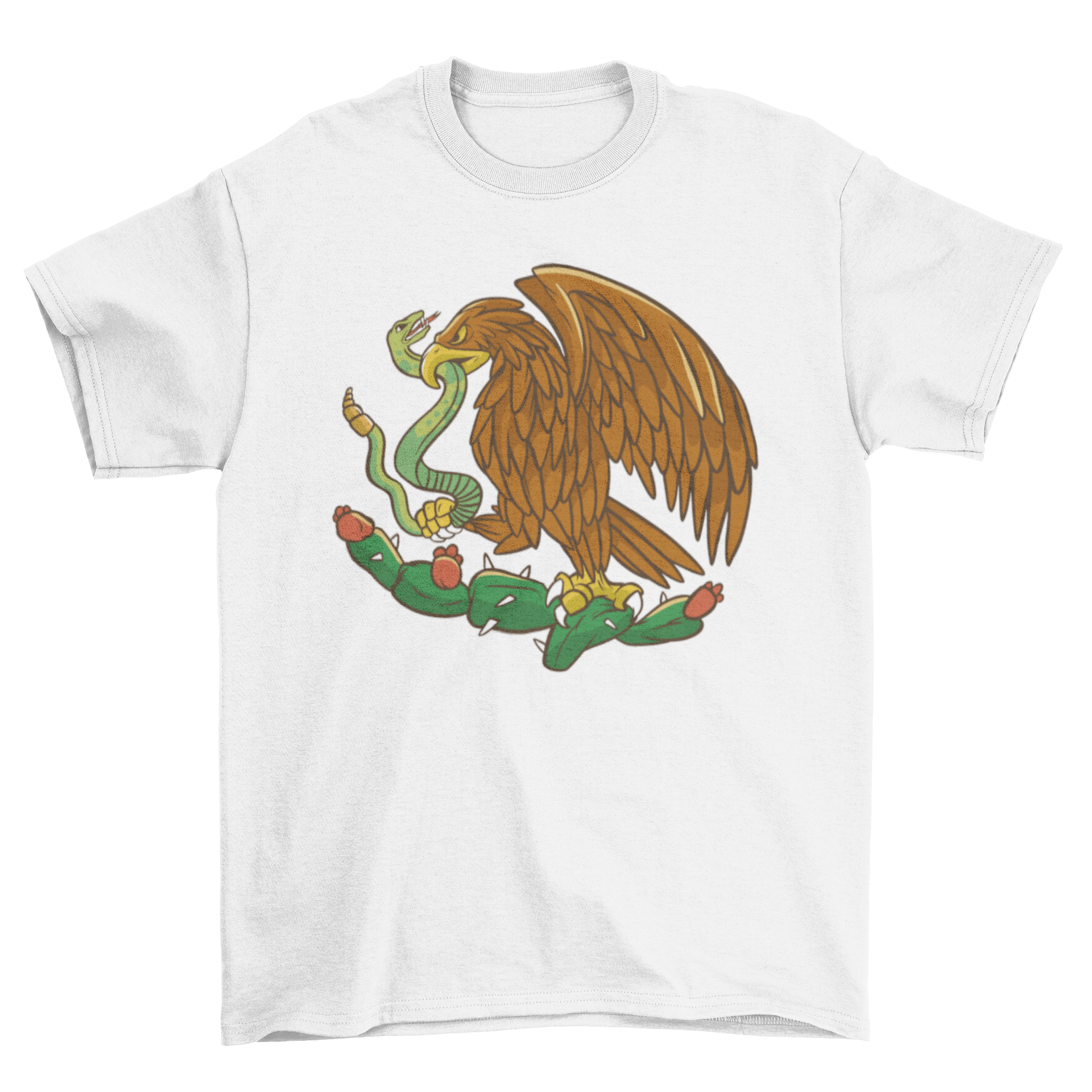 Cartoon t-shirt featuring a wild Mexican eagle and snake entwined in a cactus design.